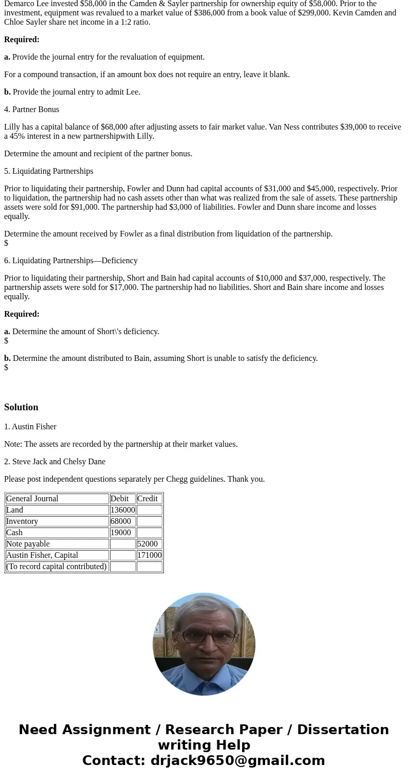 1. Journalizing Partner\'s Original Investment Austin Fisher contributed land, inventory, and $19,000 cash to a partnership. The land had a book value of $72,00 1. Journalizing Partner\'s Original Investment Austin Fisher contributed land, inventory, and $19,000 cash to a partnership. The land had a book value of $72,00