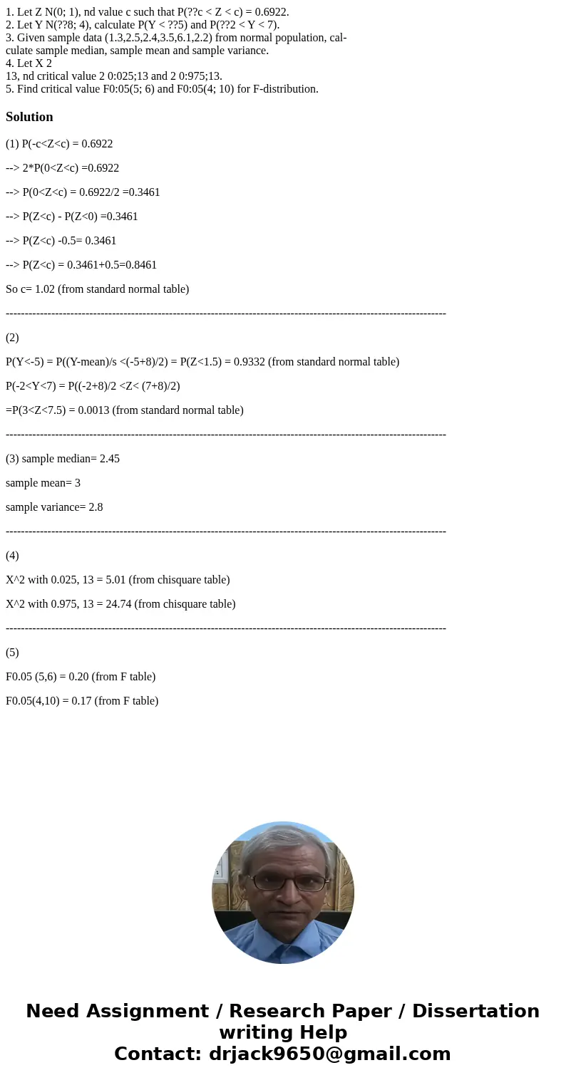 1. Let Z N(0; 1), nd value c such that P(??c < Z < c) = 0.6922. 2. Let Y N(??8; 4), calculate P(Y < ??5) and P(??2 < Y < 7). 3. Given sample data 1. Let Z N(0; 1), nd value c such that P(??c < Z < c) = 0.6922. 2. Let Y N(??8; 4), calculate P(Y < ??5) and P(??2 < Y < 7). 3. Given sample data