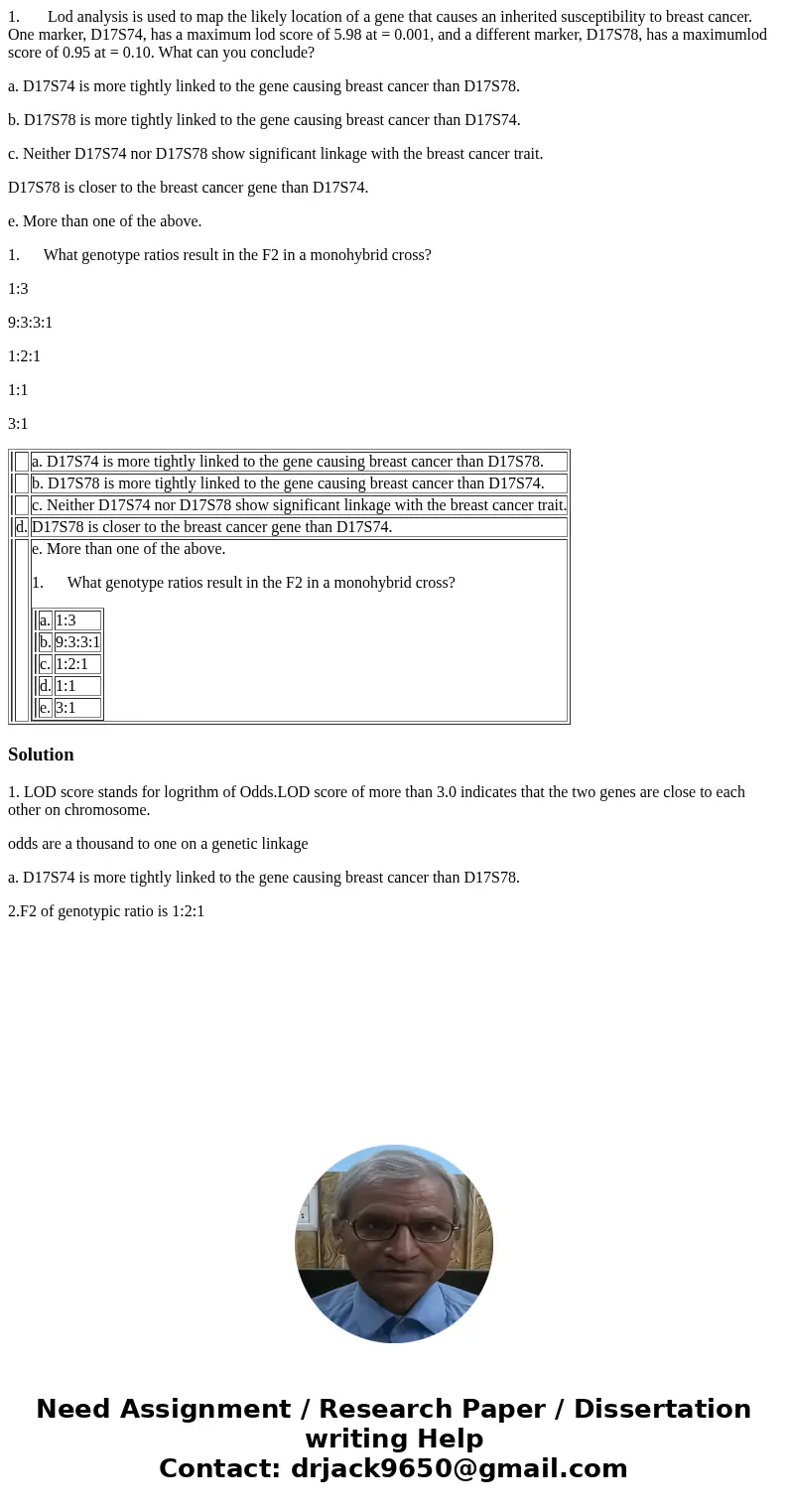 1. Lod analysis is used to map the likely location of a gene that causes an inherited susceptibility to breast cancer. One marker, D17S74, has a maximum lod sco 1. Lod analysis is used to map the likely location of a gene that causes an inherited susceptibility to breast cancer. One marker, D17S74, has a maximum lod sco