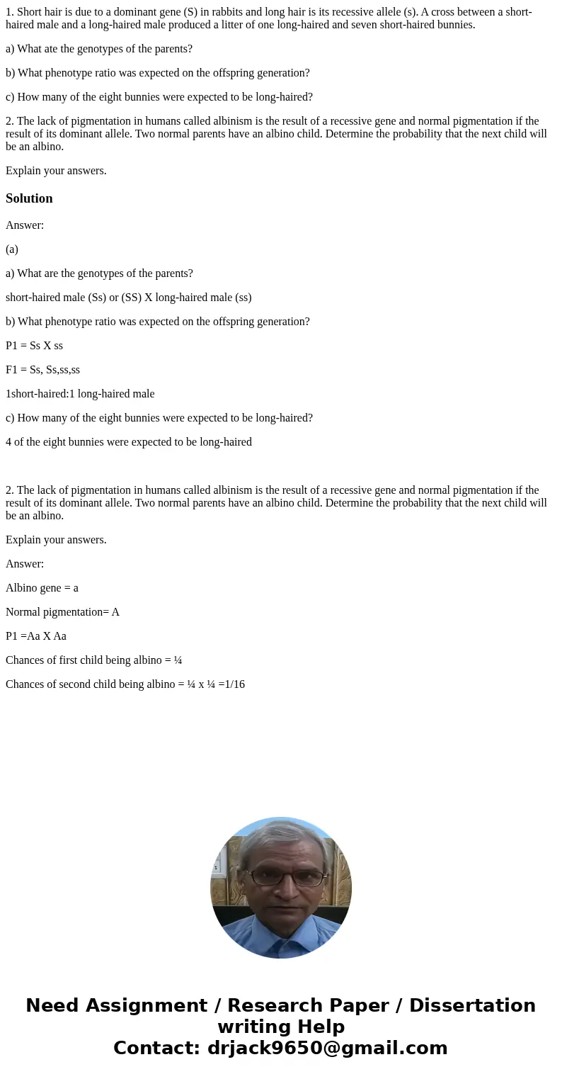 1. Short hair is due to a dominant gene (S) in rabbits and long hair is its recessive allele (s). A cross between a short-haired male and a long-haired male pro 1. Short hair is due to a dominant gene (S) in rabbits and long hair is its recessive allele (s). A cross between a short-haired male and a long-haired male pro