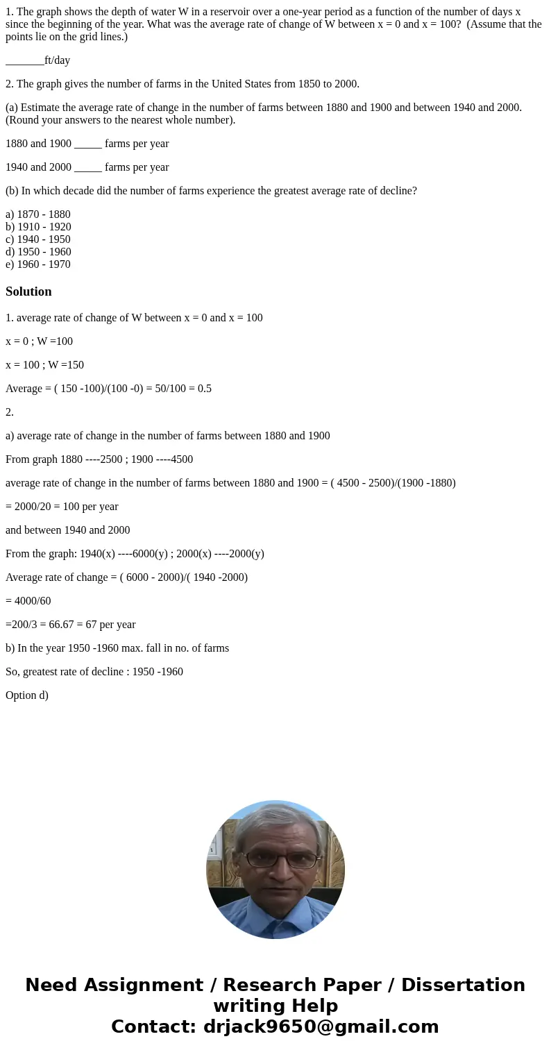 1. The graph shows the depth of water W in a reservoir over a one-year period as a function of the number of days x since the beginning of the year. What was th 1. The graph shows the depth of water W in a reservoir over a one-year period as a function of the number of days x since the beginning of the year. What was th