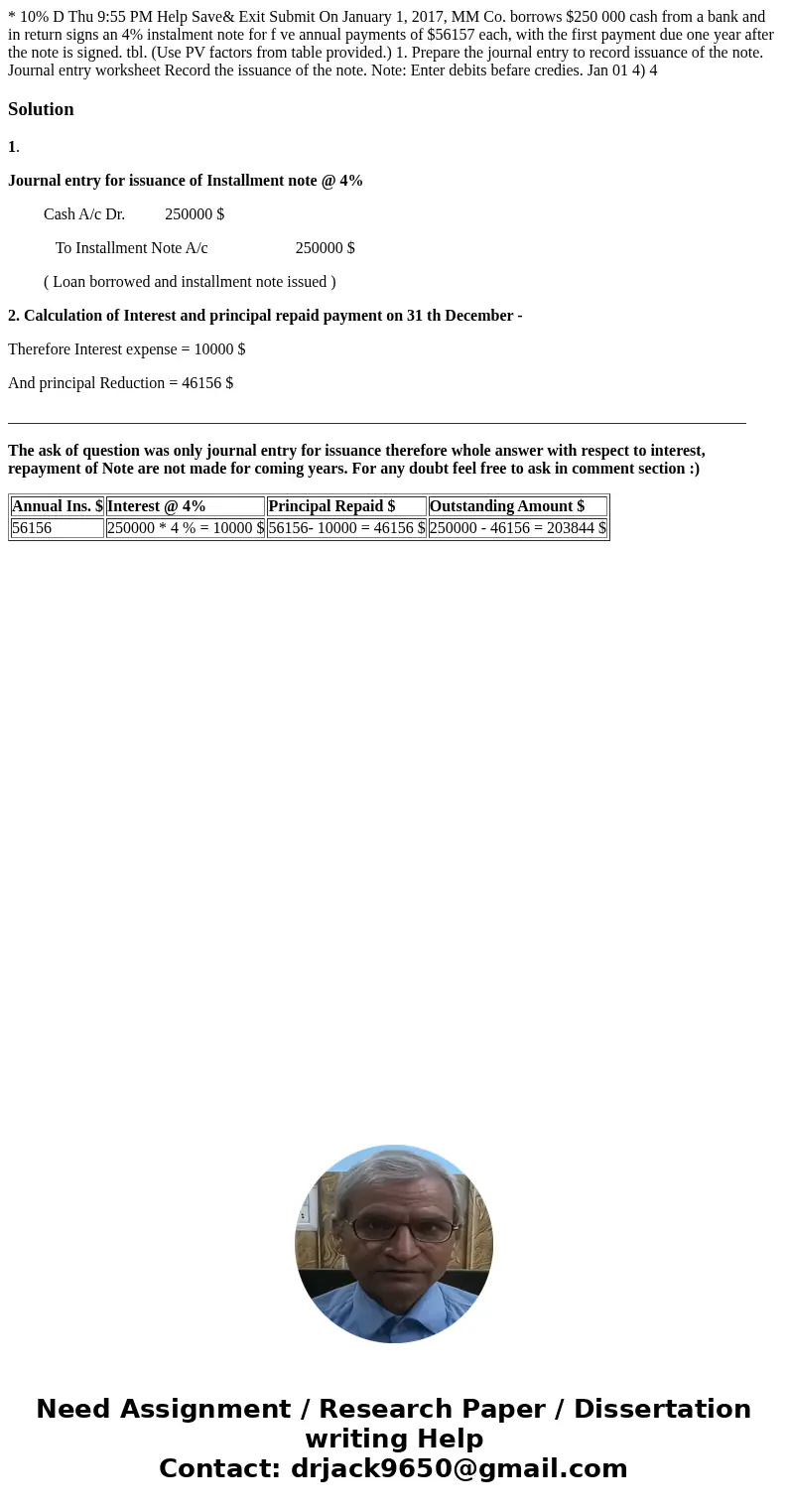 * 10% D Thu 9:55 PM Help Save& Exit Submit On January 1, 2017, MM Co. borrows $250 000 cash from a bank and in return signs an 4% instalment note for f ve   * 10% D Thu 9:55 PM Help Save& Exit Submit On January 1, 2017, MM Co. borrows $250 000 cash from a bank and in return signs an 4% instalment note for f ve