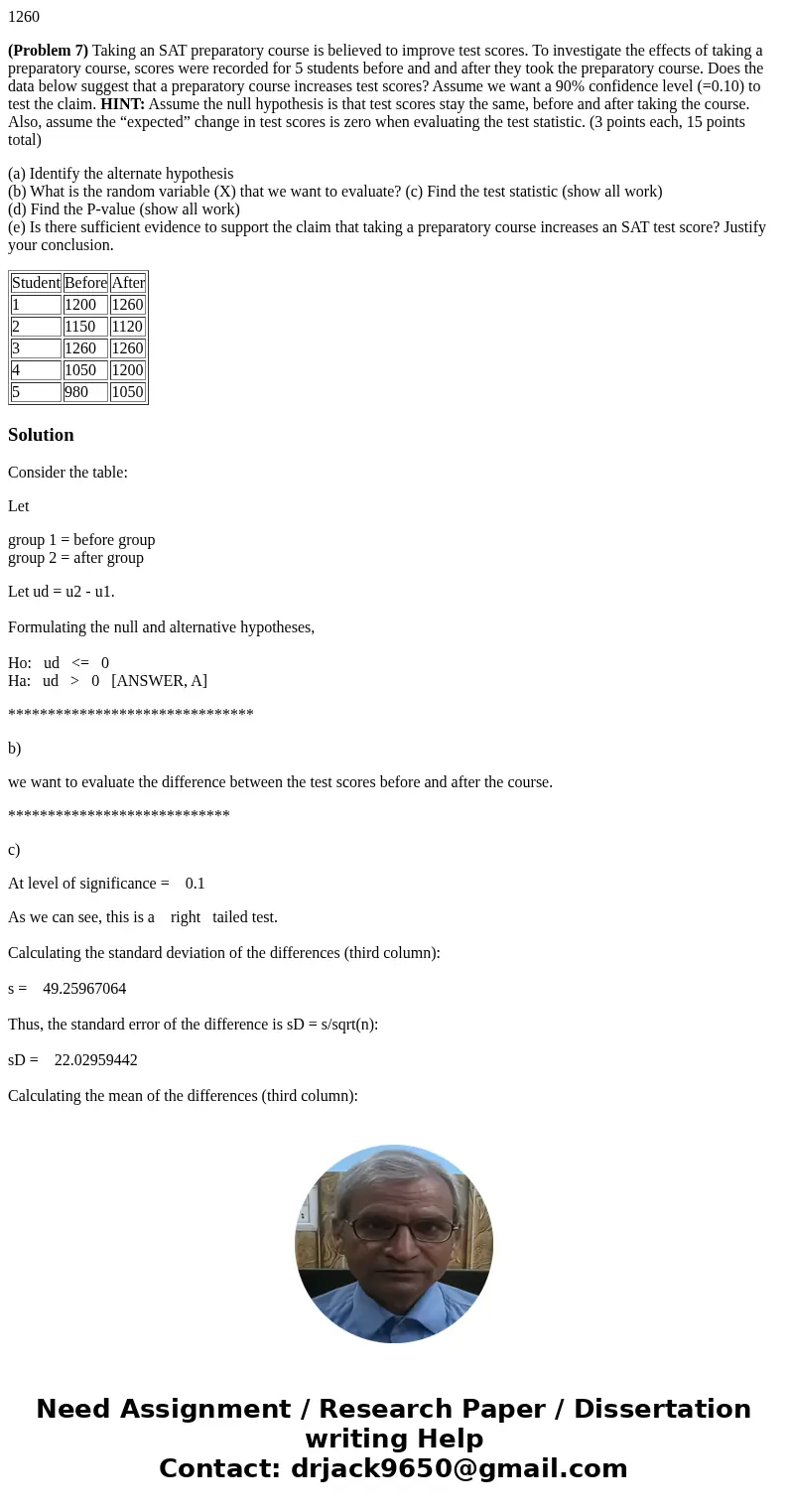 1260 (Problem 7) Taking an SAT preparatory course is believed to improve test scores. To investigate the effects of taking a preparatory course, scores were rec 1260 (Problem 7) Taking an SAT preparatory course is believed to improve test scores. To investigate the effects of taking a preparatory course, scores were rec