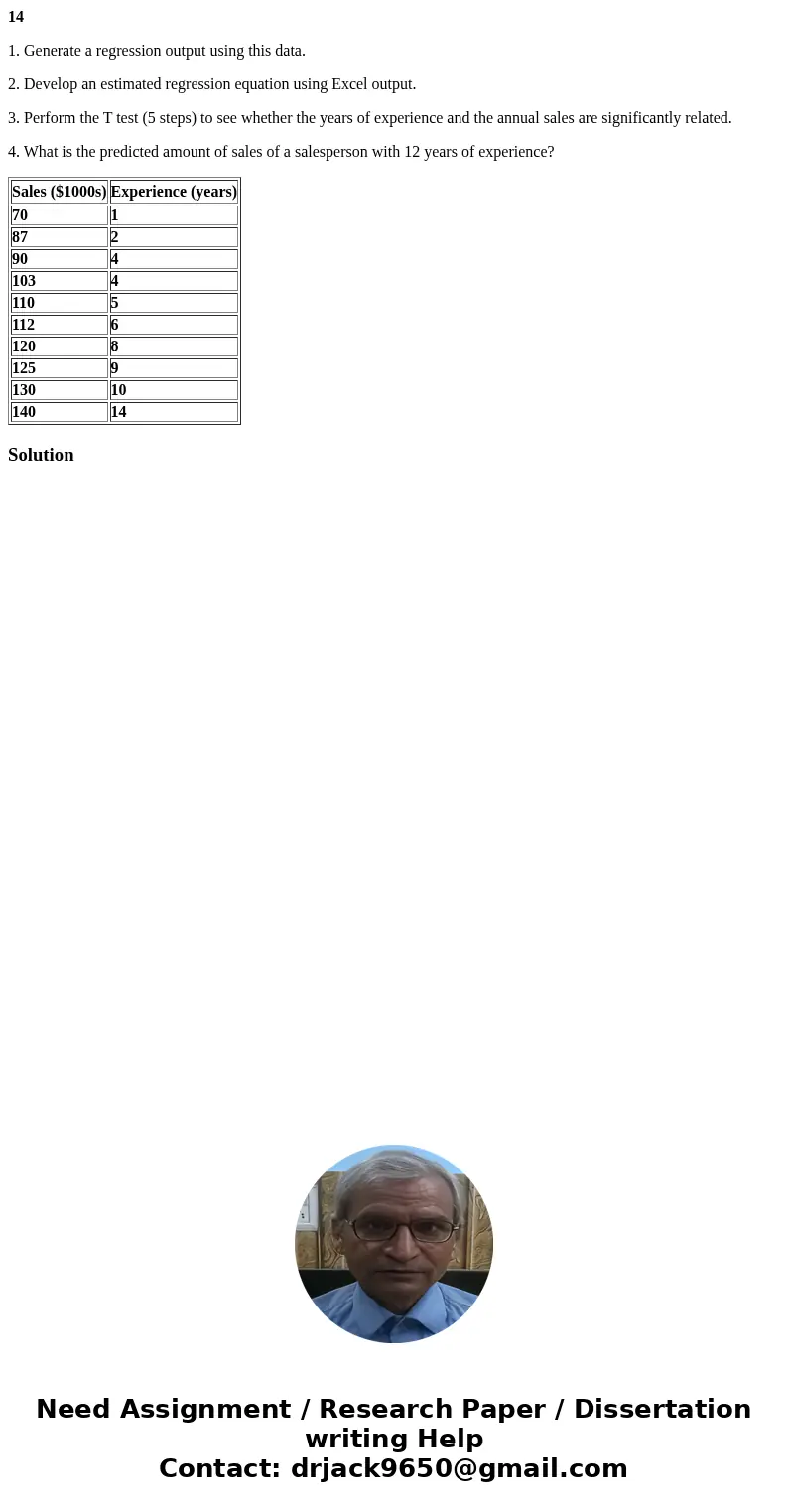 14 1. Generate a regression output using this data. 2. Develop an estimated regression equation using Excel output. 3. Perform the T test (5 steps) to see wheth 14 1. Generate a regression output using this data. 2. Develop an estimated regression equation using Excel output. 3. Perform the T test (5 steps) to see wheth