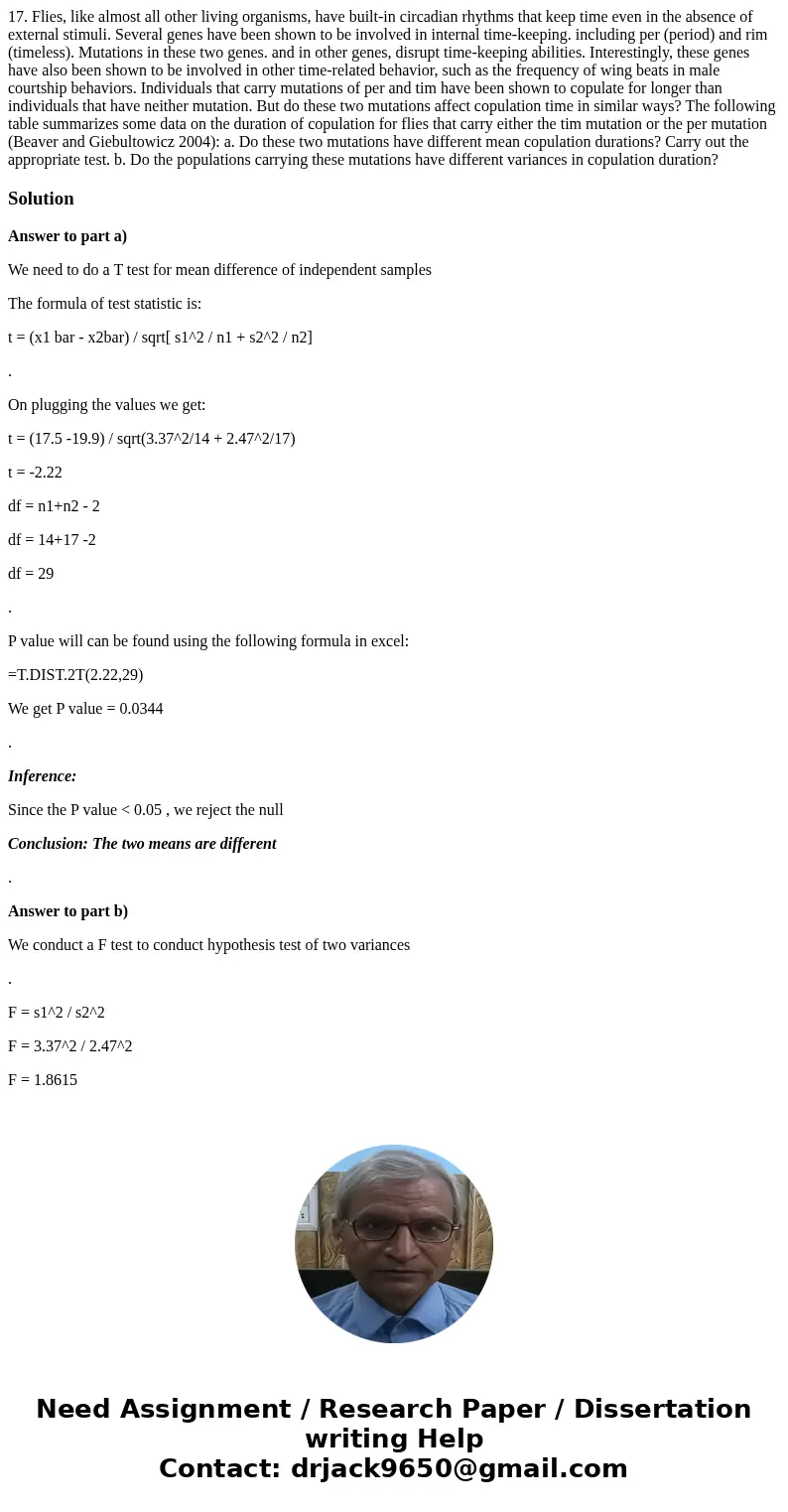 17. Flies, like almost all other living organisms, have built-in circadian rhythms that keep time even in the absence of external stimuli. Several genes have b  17. Flies, like almost all other living organisms, have built-in circadian rhythms that keep time even in the absence of external stimuli. Several genes have b