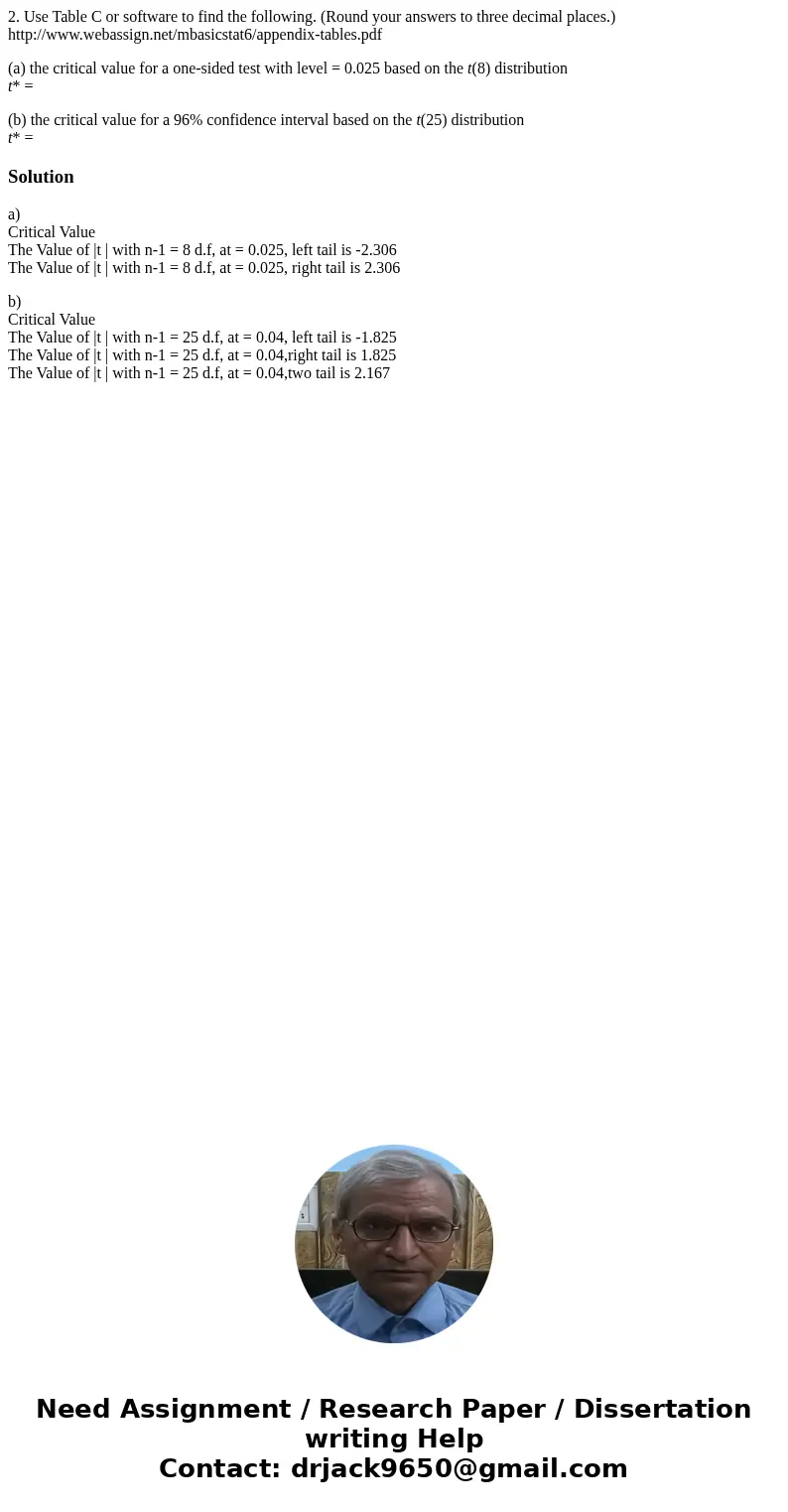 2. Use Table C or software to find the following. (Round your answers to three decimal places.) http://www.webassign.net/mbasicstat6/appendix-tables.pdf (a) the 2. Use Table C or software to find the following. (Round your answers to three decimal places.) http://www.webassign.net/mbasicstat6/appendix-tables.pdf (a) the