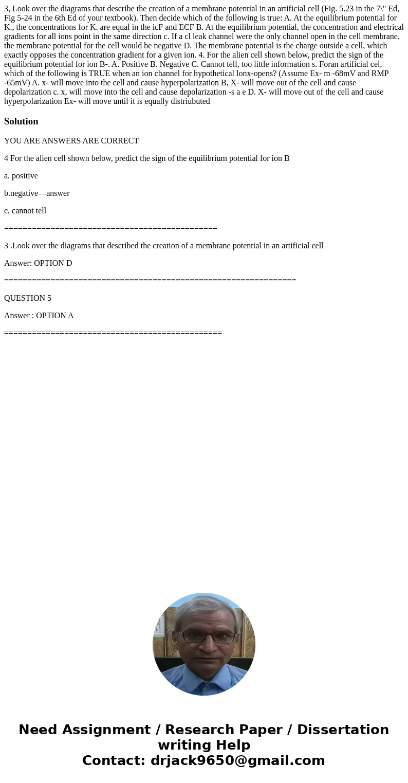 3, Look over the diagrams that describe the creation of a membrane potential in an artificial cell (Fig. 5.23 in the 7\  3, Look over the diagrams that describe the creation of a membrane potential in an artificial cell (Fig. 5.23 in the 7\