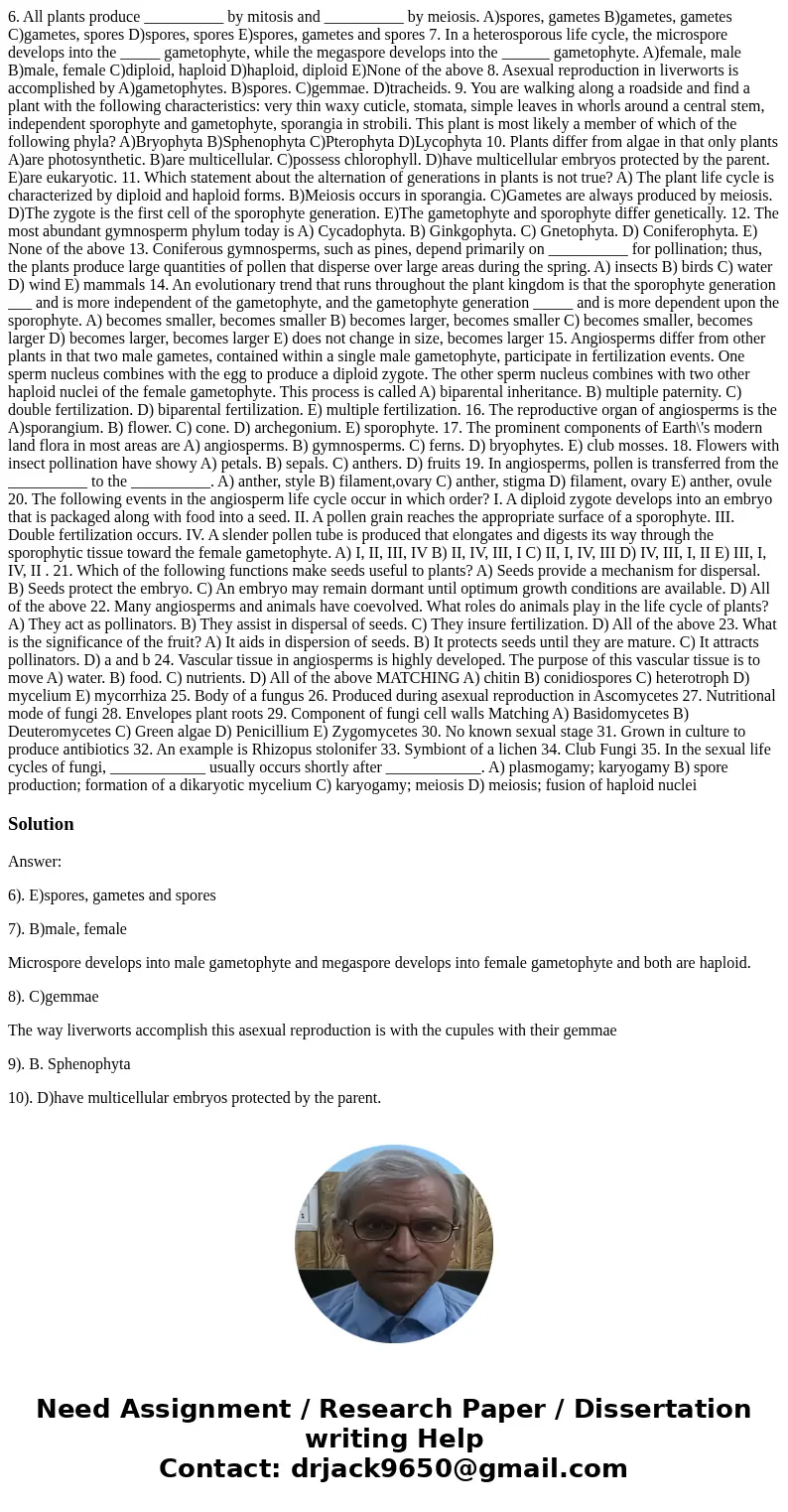 6. All plants produce __________ by mitosis and __________ by meiosis. A)spores, gametes B)gametes, gametes C)gametes, spores D)spores, spores E)spores, gametes 6. All plants produce __________ by mitosis and __________ by meiosis. A)spores, gametes B)gametes, gametes C)gametes, spores D)spores, spores E)spores, gametes