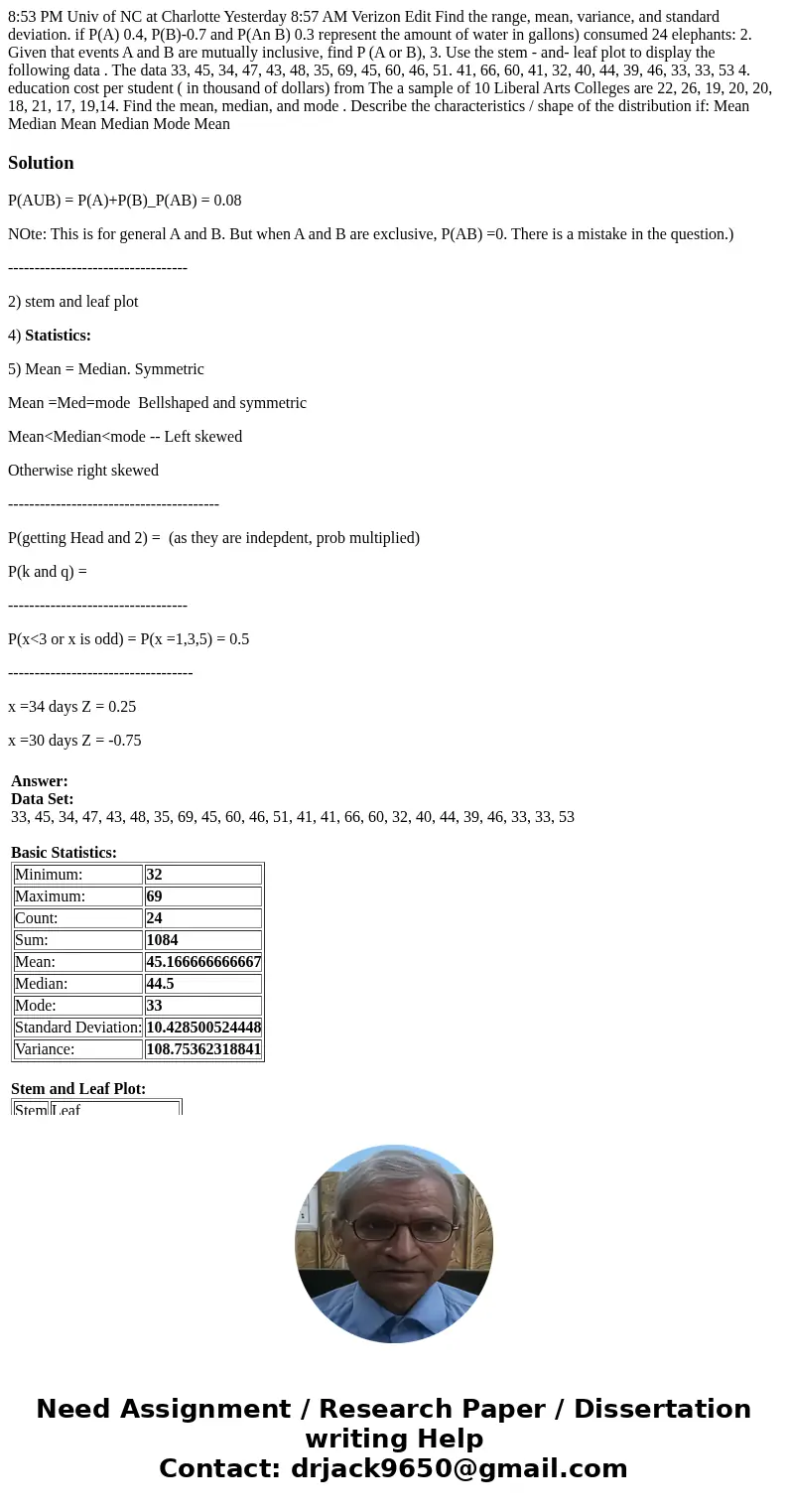  8:53 PM Univ of NC at Charlotte Yesterday 8:57 AM Verizon Edit Find the range, mean, variance, and standard deviation. if P(A) 0.4, P(B)-0.7 and P(An B) 0.3 re