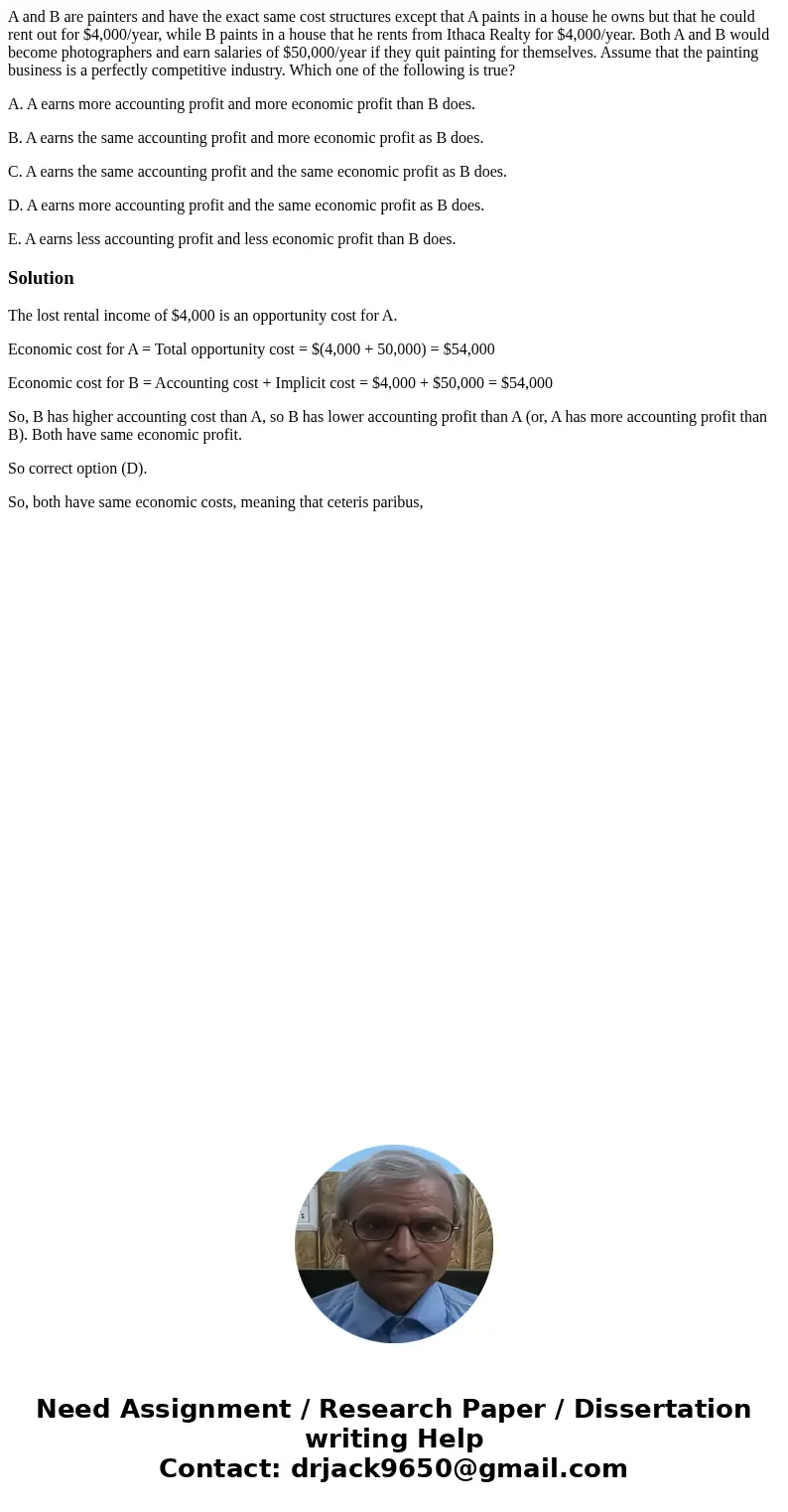 A and B are painters and have the exact same cost structures except that A paints in a house he owns but that he could rent out for $4,000/year, while B paints  A and B are painters and have the exact same cost structures except that A paints in a house he owns but that he could rent out for $4,000/year, while B paints