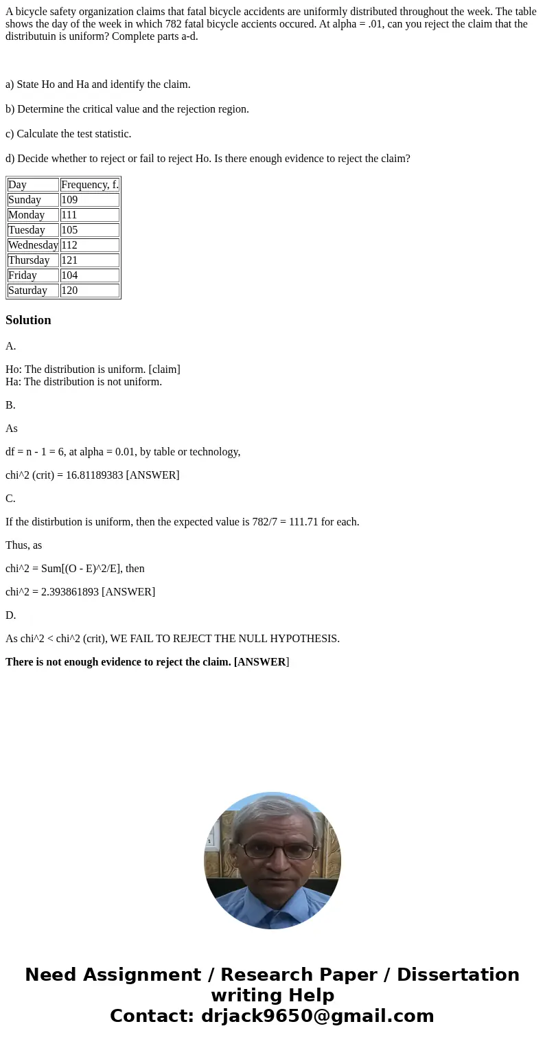 A bicycle safety organization claims that fatal bicycle accidents are uniformly distributed throughout the week. The table shows the day of the week in which 78 A bicycle safety organization claims that fatal bicycle accidents are uniformly distributed throughout the week. The table shows the day of the week in which 78
