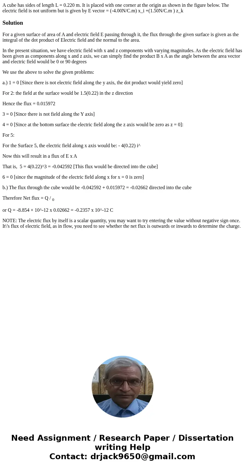  A cube has sides of length L = 0.220 m. It is placed with one corner at the origin as shown in the figure below. The electric field is not uniform but is given