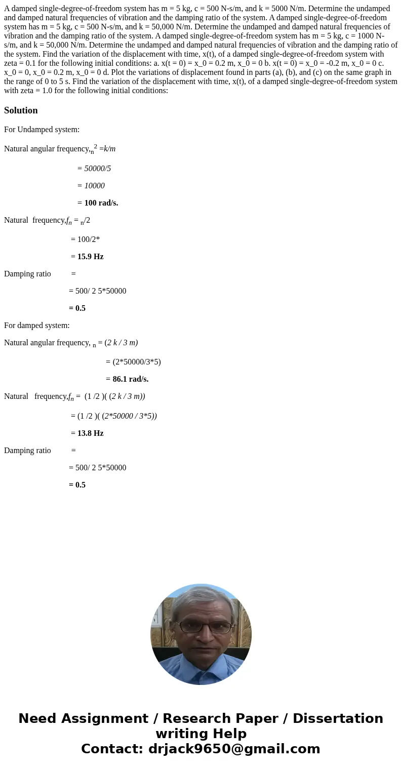  A damped single-degree-of-freedom system has m = 5 kg, c = 500 N-s/m, and k = 5000 N/m. Determine the undamped and damped natural frequencies of vibration and 