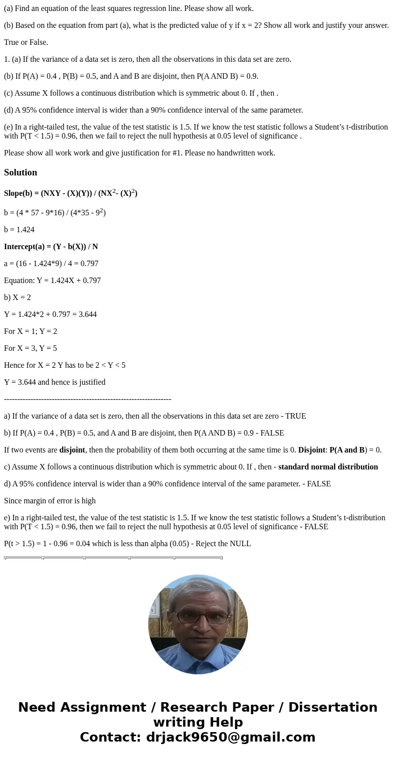 (a) Find an equation of the least squares regression line. Please show all work. (b) Based on the equation from part (a), what is the predicted value of y if x  (a) Find an equation of the least squares regression line. Please show all work. (b) Based on the equation from part (a), what is the predicted value of y if x