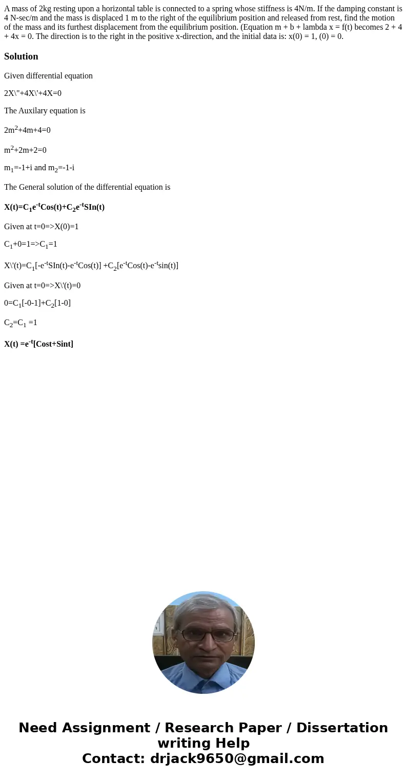 A mass of 2kg resting upon a horizontal table is connected to a spring whose stiffness is 4N/m. If the damping constant is 4 N-sec/m and the mass is displaced   A mass of 2kg resting upon a horizontal table is connected to a spring whose stiffness is 4N/m. If the damping constant is 4 N-sec/m and the mass is displaced