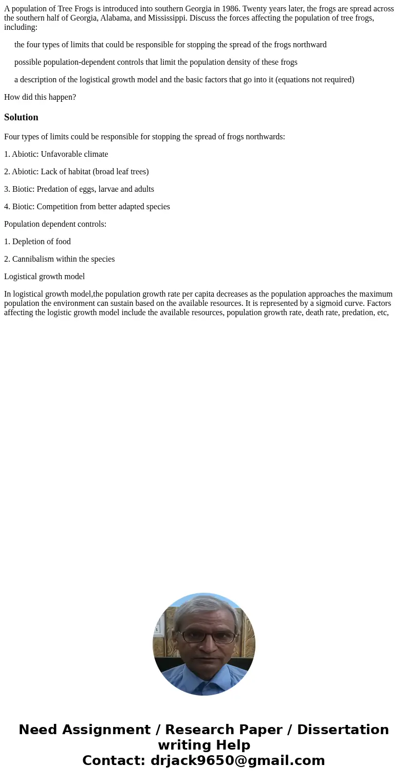 A population of Tree Frogs is introduced into southern Georgia in 1986. Twenty years later, the frogs are spread across the southern half of Georgia, Alabama, a A population of Tree Frogs is introduced into southern Georgia in 1986. Twenty years later, the frogs are spread across the southern half of Georgia, Alabama, a