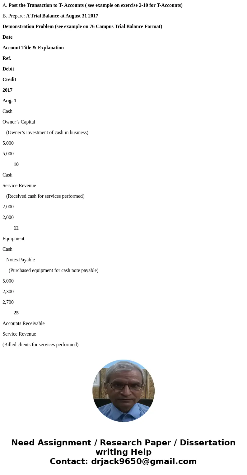 A. Post the Transaction to T- Accounts ( see example on exercise 2-10 for T-Accounts) B. Prepare: A Trial Balance at August 31 2017 Demonstration Problem (see e A. Post the Transaction to T- Accounts ( see example on exercise 2-10 for T-Accounts) B. Prepare: A Trial Balance at August 31 2017 Demonstration Problem (see e
