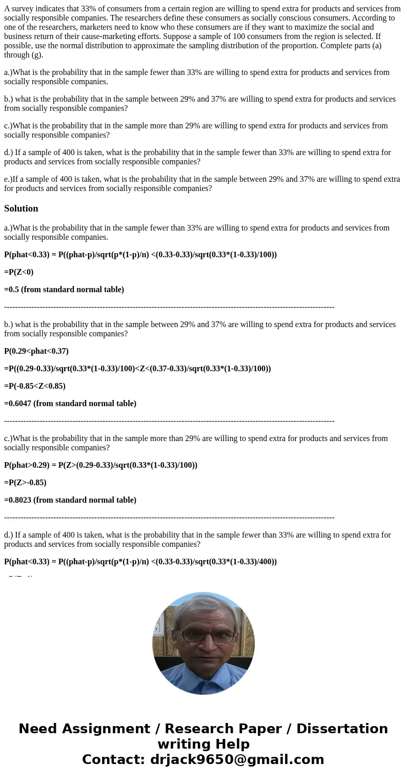 A survey indicates that 33% of consumers from a certain region are willing to spend extra for products and services from socially responsible companies. The res A survey indicates that 33% of consumers from a certain region are willing to spend extra for products and services from socially responsible companies. The res