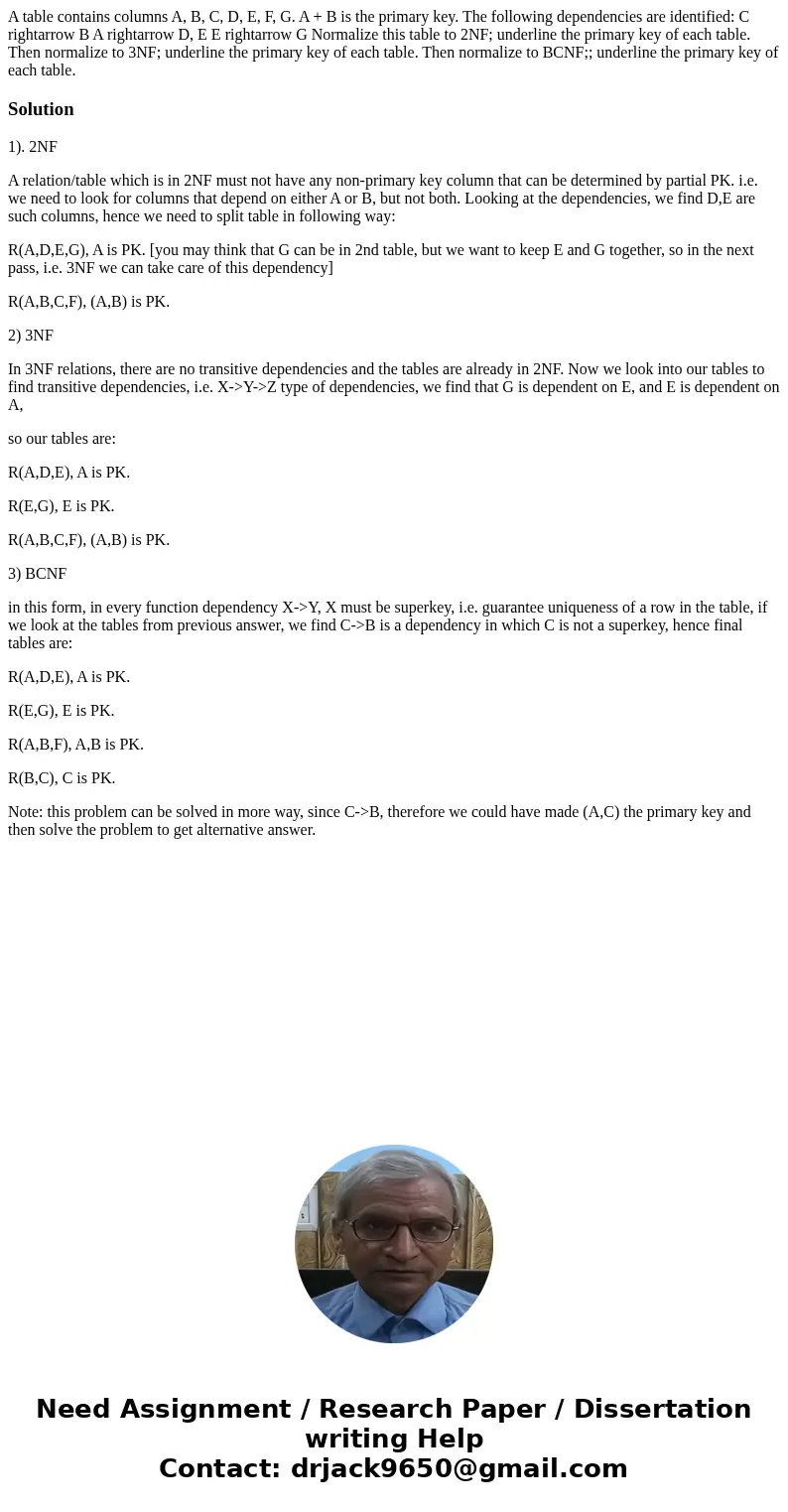 A table contains columns A, B, C, D, E, F, G. A + B is the primary key. The following dependencies are identified: C rightarrow B A rightarrow D, E E rightarro  A table contains columns A, B, C, D, E, F, G. A + B is the primary key. The following dependencies are identified: C rightarrow B A rightarrow D, E E rightarro