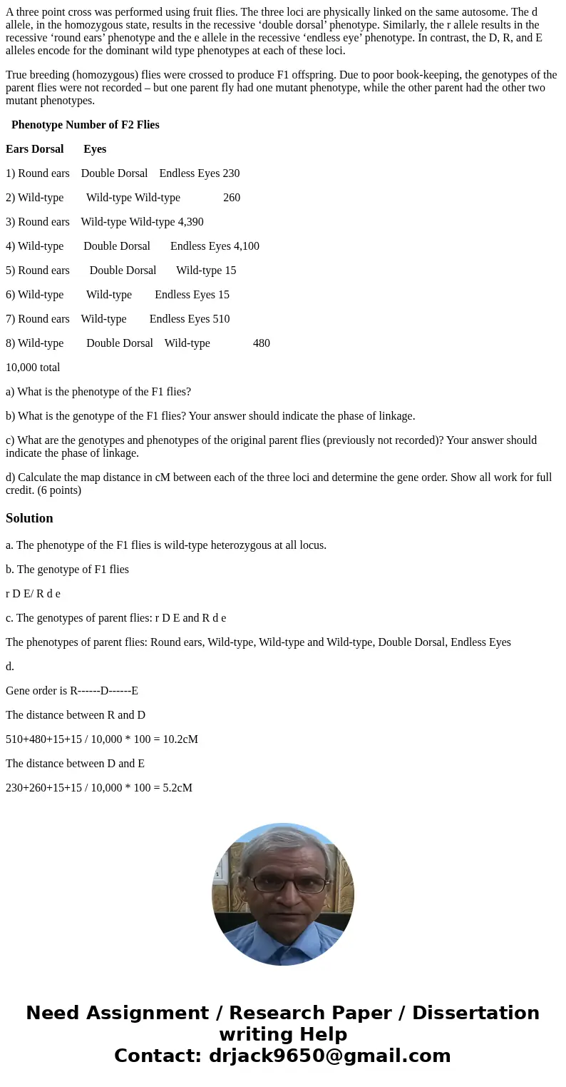 A three point cross was performed using fruit flies. The three loci are physically linked on the same autosome. The d allele, in the homozygous state, results i A three point cross was performed using fruit flies. The three loci are physically linked on the same autosome. The d allele, in the homozygous state, results i