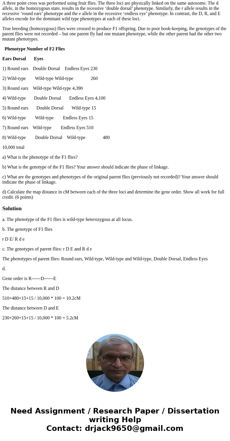 A three point cross was performed using fruit flies. The three loci are physically linked on the same autosome. The d allele, in the homozygous state, results i A three point cross was performed using fruit flies. The three loci are physically linked on the same autosome. The d allele, in the homozygous state, results i