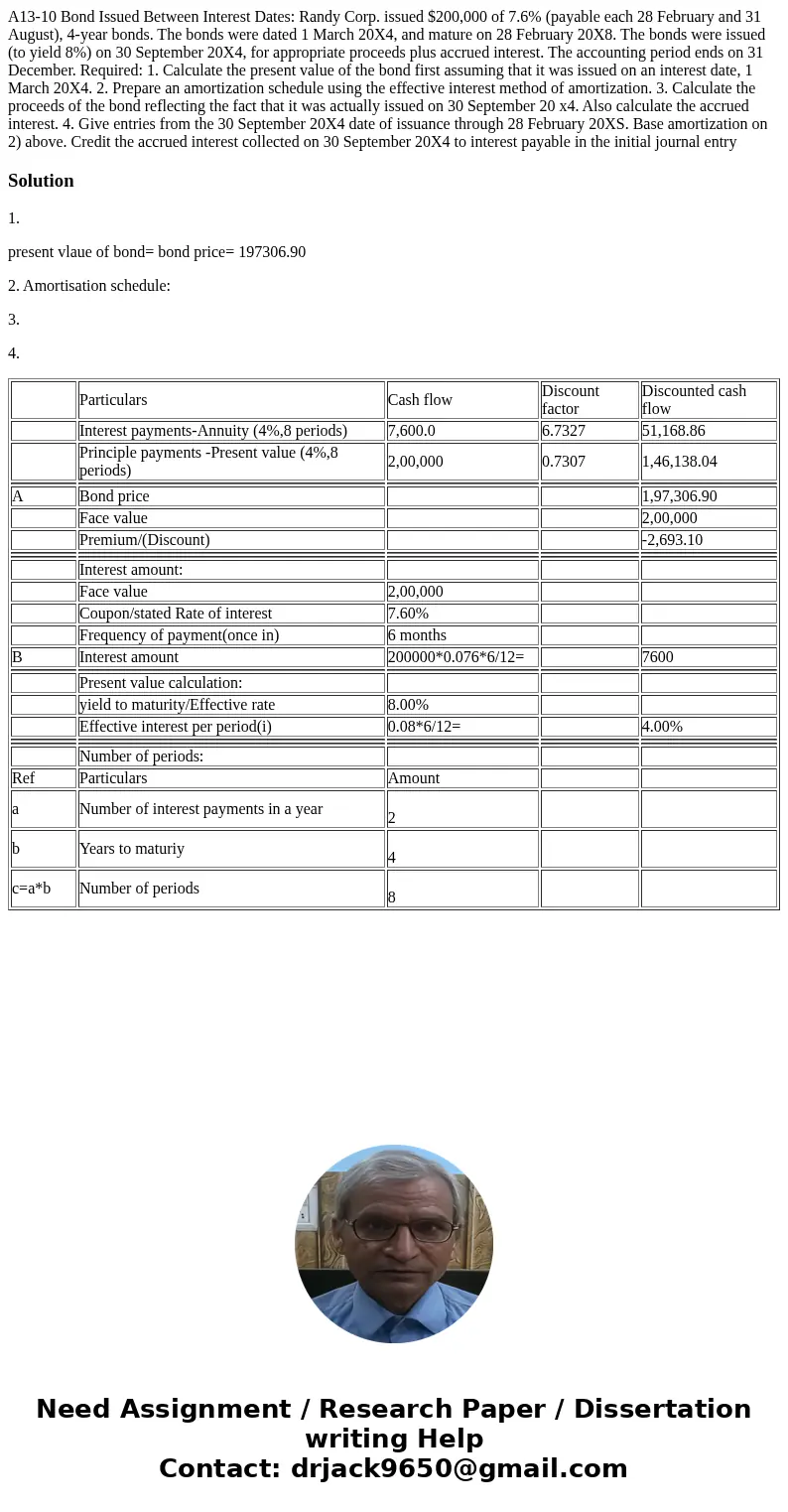 A13-10 Bond Issued Between Interest Dates: Randy Corp. issued $200,000 of 7.6% (payable each 28 February and 31 August), 4-year bonds. The bonds were dated 1 M  A13-10 Bond Issued Between Interest Dates: Randy Corp. issued $200,000 of 7.6% (payable each 28 February and 31 August), 4-year bonds. The bonds were dated 1 M
