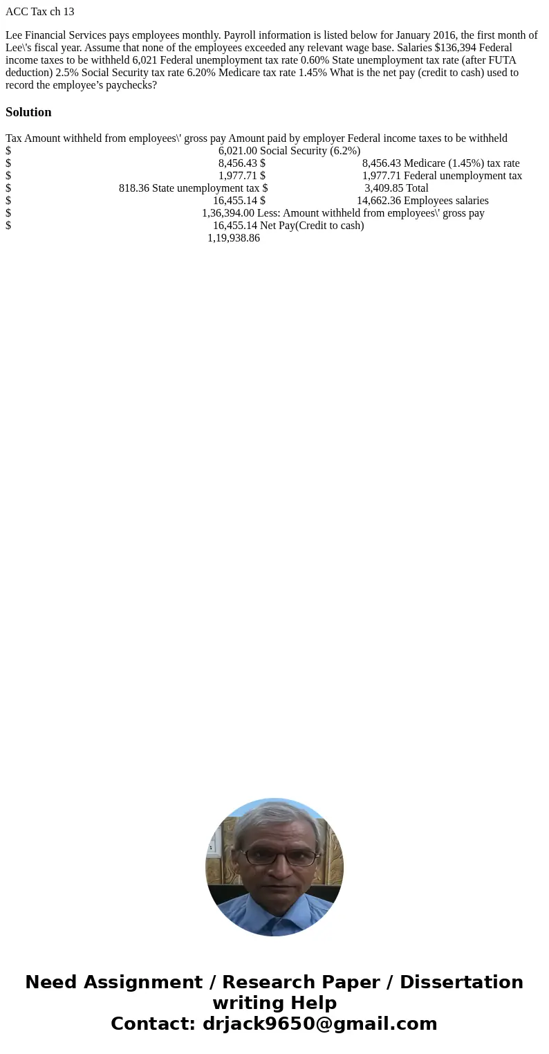 ACC Tax ch 13 Lee Financial Services pays employees monthly. Payroll information is listed below for January 2016, the first month of Lee\'s fiscal year. Assume ACC Tax ch 13 Lee Financial Services pays employees monthly. Payroll information is listed below for January 2016, the first month of Lee\'s fiscal year. Assume