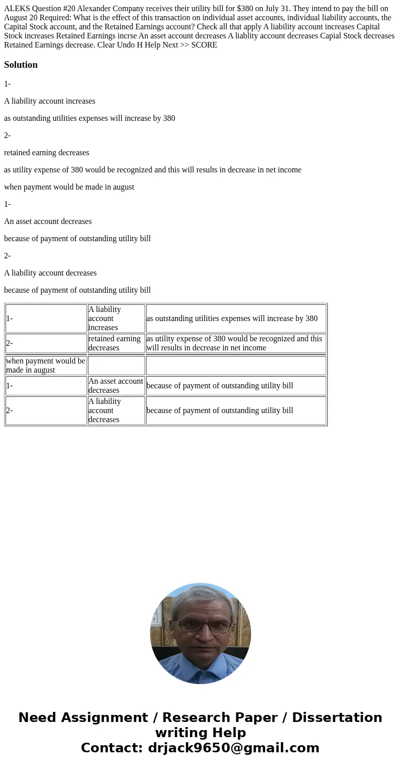 ALEKS Question #20 Alexander Company receives their utility bill for $380 on July 31. They intend to pay the bill on August 20 Required: What is the effect of   ALEKS Question #20 Alexander Company receives their utility bill for $380 on July 31. They intend to pay the bill on August 20 Required: What is the effect of