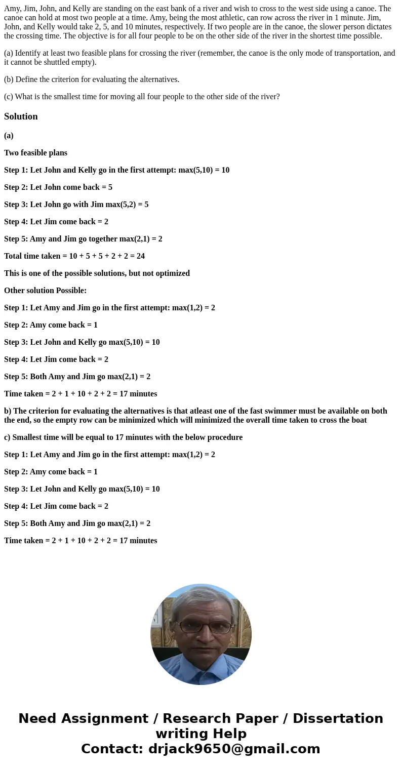 Amy, Jim, John, and Kelly are standing on the east bank of a river and wish to cross to the west side using a canoe. The canoe can hold at most two people at a 