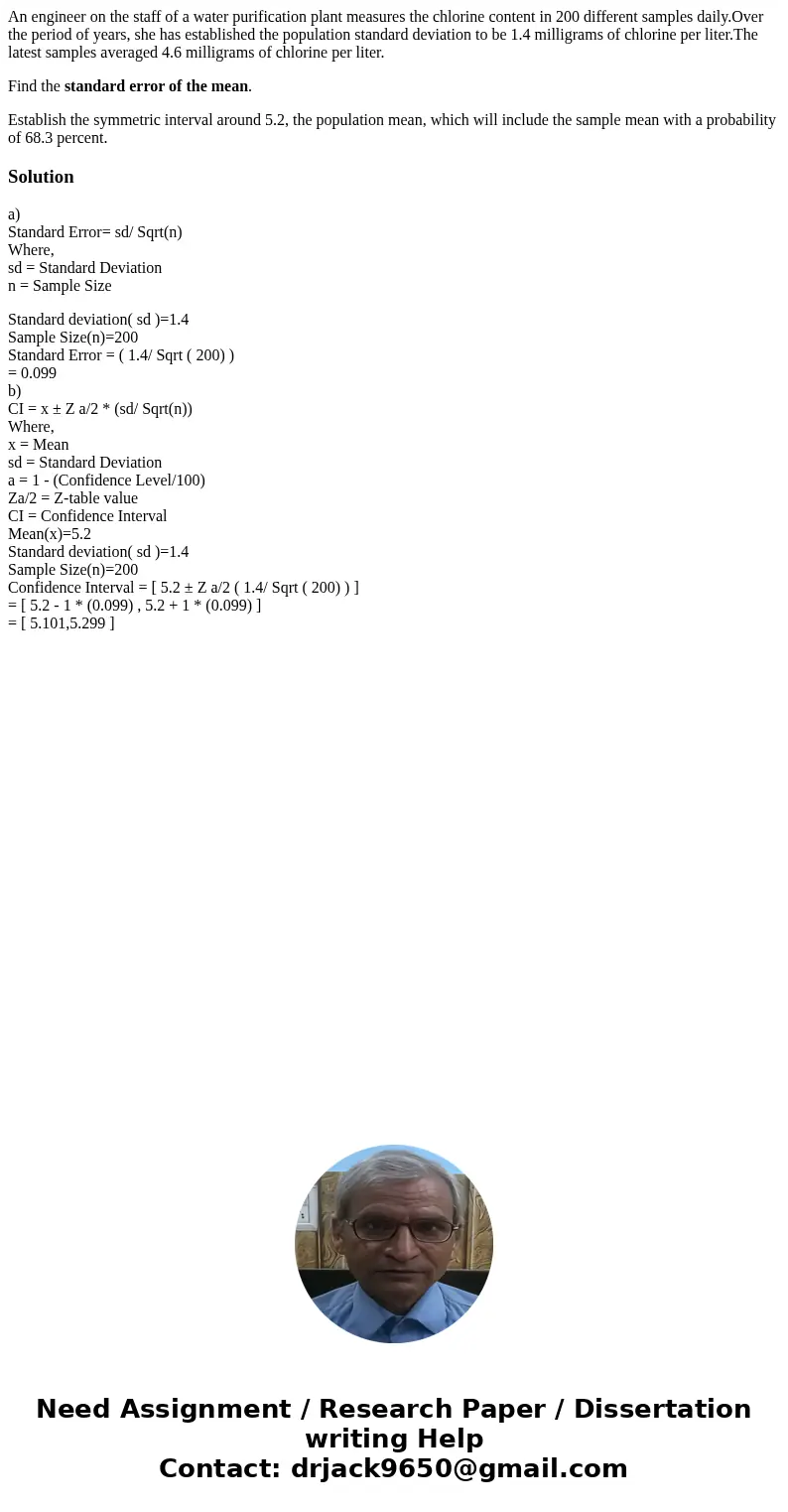 An engineer on the staff of a water purification plant measures the chlorine content in 200 different samples daily.Over the period of years, she has establishe An engineer on the staff of a water purification plant measures the chlorine content in 200 different samples daily.Over the period of years, she has establishe