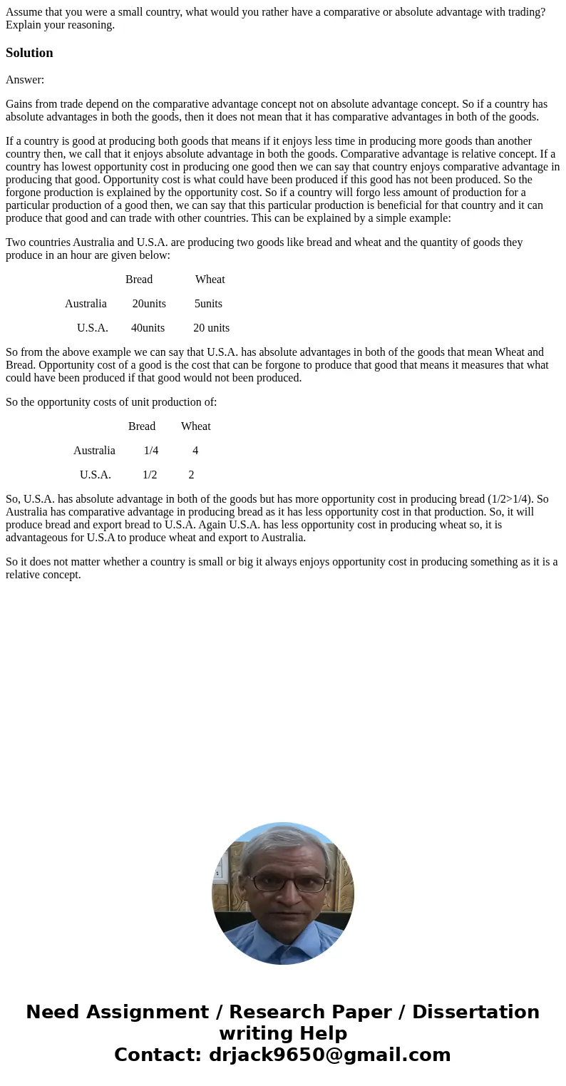 Assume that you were a small country, what would you rather have a comparative or absolute advantage with trading? Explain your reasoning.SolutionAnswer: Gains  Assume that you were a small country, what would you rather have a comparative or absolute advantage with trading? Explain your reasoning.SolutionAnswer: Gains