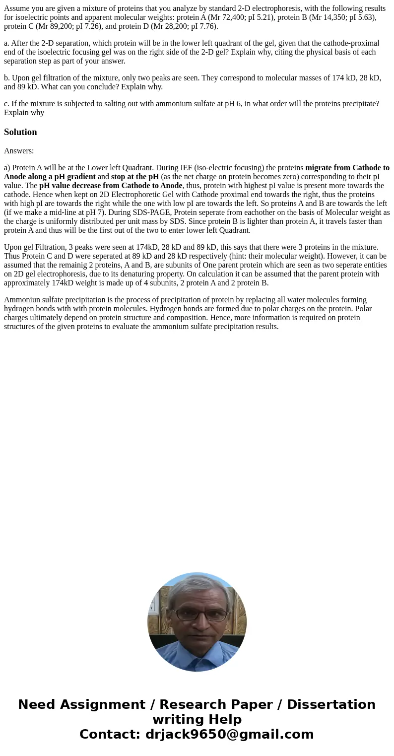 Assume you are given a mixture of proteins that you analyze by standard 2-D electrophoresis, with the following results for isoelectric points and apparent mole Assume you are given a mixture of proteins that you analyze by standard 2-D electrophoresis, with the following results for isoelectric points and apparent mole