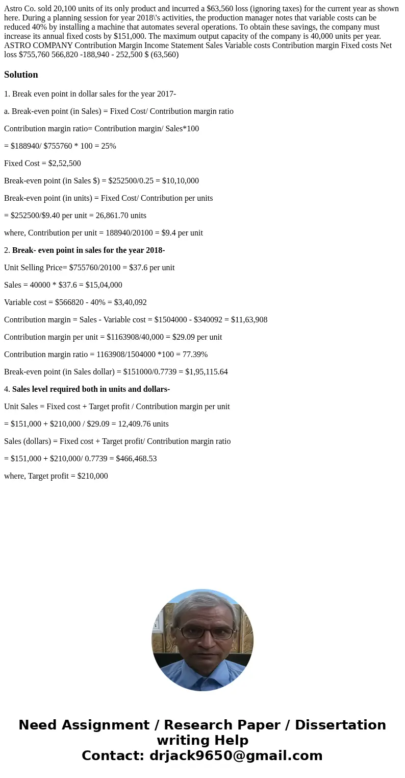 Astro Co. sold 20,100 units of its only product and incurred a $63,560 loss (ignoring taxes) for the current year as shown here. During a planning session for   Astro Co. sold 20,100 units of its only product and incurred a $63,560 loss (ignoring taxes) for the current year as shown here. During a planning session for
