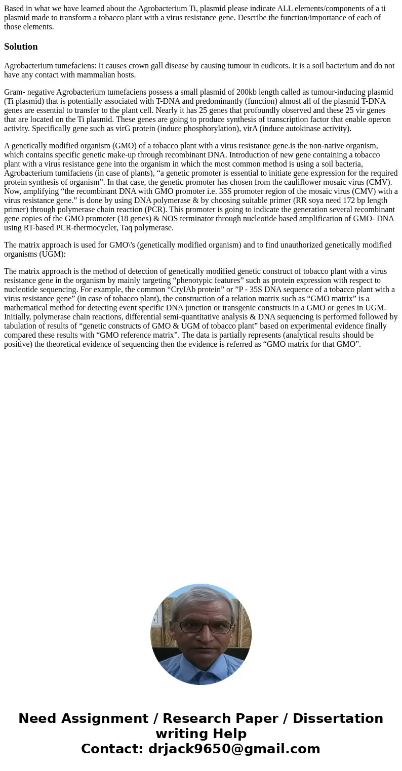 Based in what we have learned about the Agrobacterium Ti, plasmid please indicate ALL elements/components of a ti plasmid made to transform a tobacco plant with Based in what we have learned about the Agrobacterium Ti, plasmid please indicate ALL elements/components of a ti plasmid made to transform a tobacco plant with