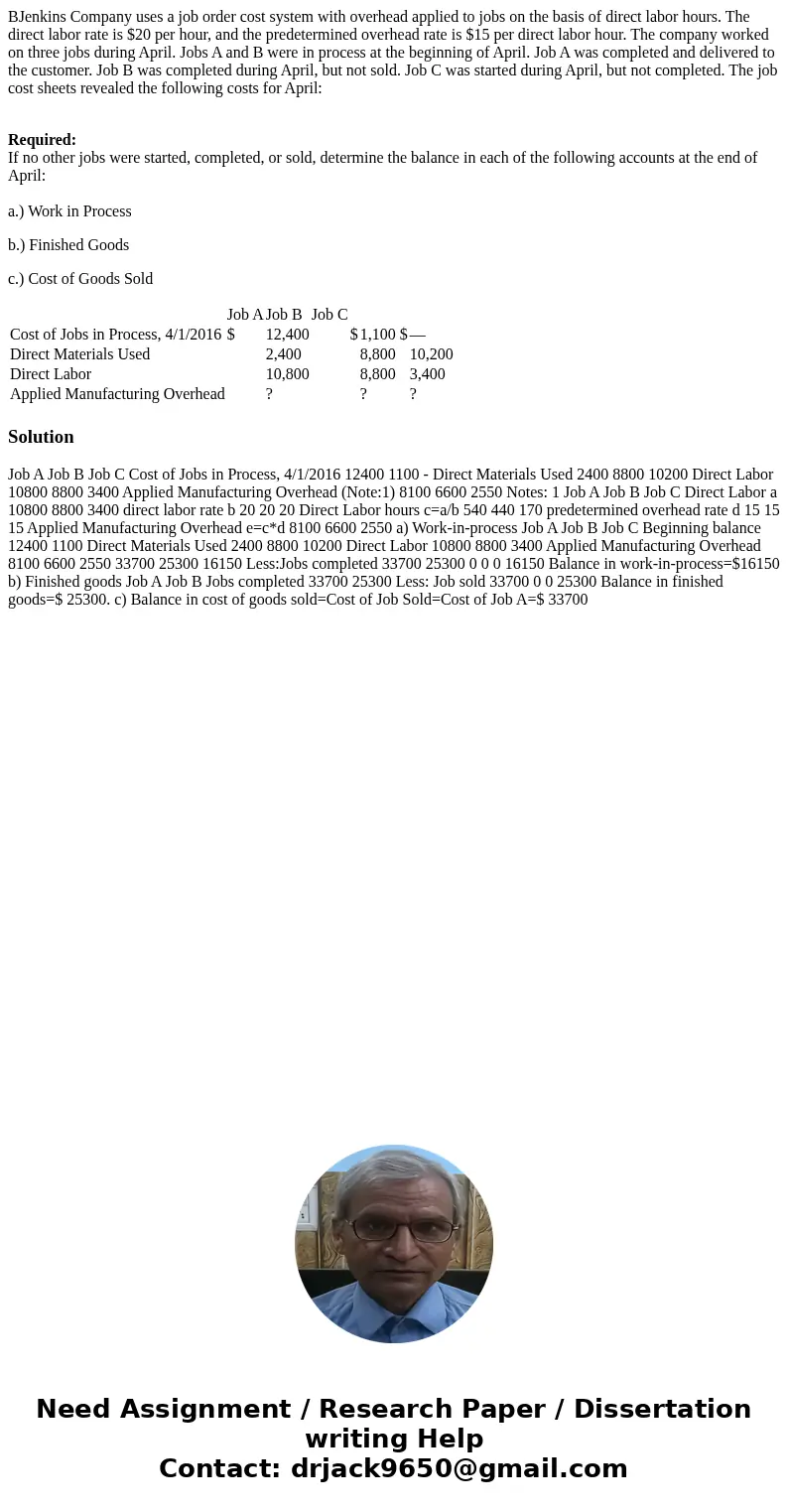 BJenkins Company uses a job order cost system with overhead applied to jobs on the basis of direct labor hours. The direct labor rate is $20 per hour, and the p