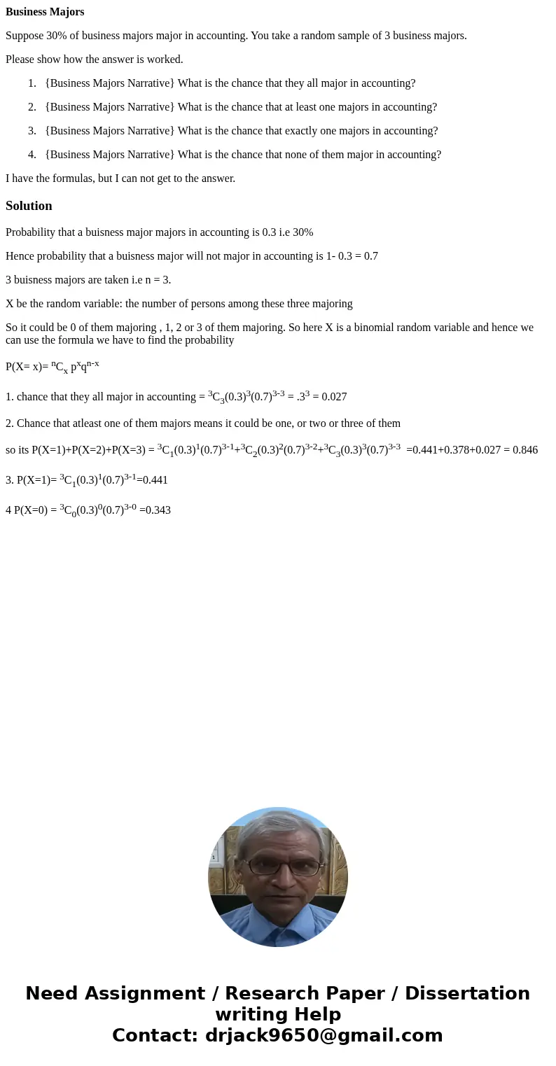 Business Majors Suppose 30% of business majors major in accounting. You take a random sample of 3 business majors. Please show how the answer is worked. 1. {Bus Business Majors Suppose 30% of business majors major in accounting. You take a random sample of 3 business majors. Please show how the answer is worked. 1. {Bus