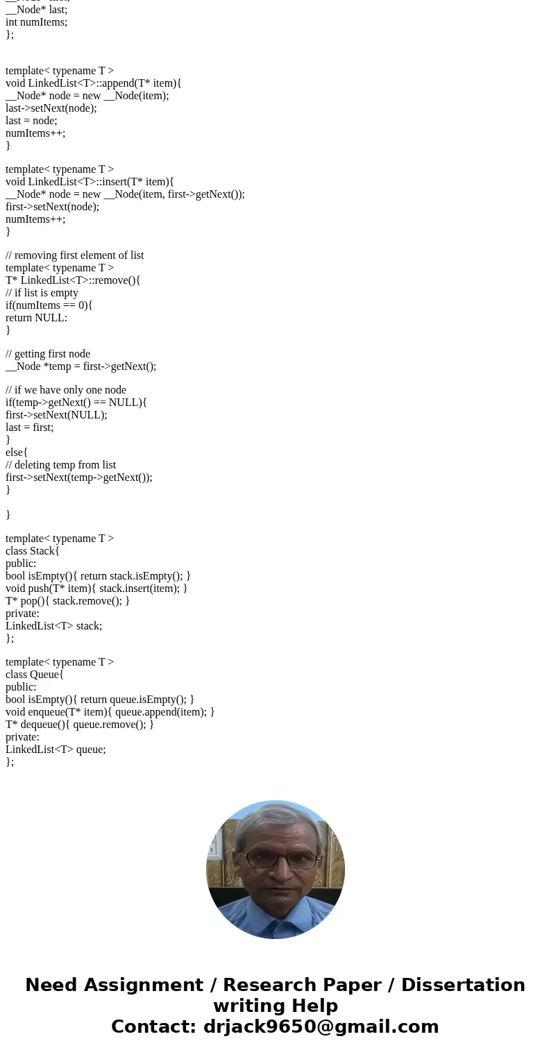(C++) Complete the remove() method in linkedliststackqueue.h code:SolutionHi, Please find my omplementation. Please let me know in case of any issuse. template& (C++) Complete the remove() method in linkedliststackqueue.h code:SolutionHi, Please find my omplementation. Please let me know in case of any issuse. template&