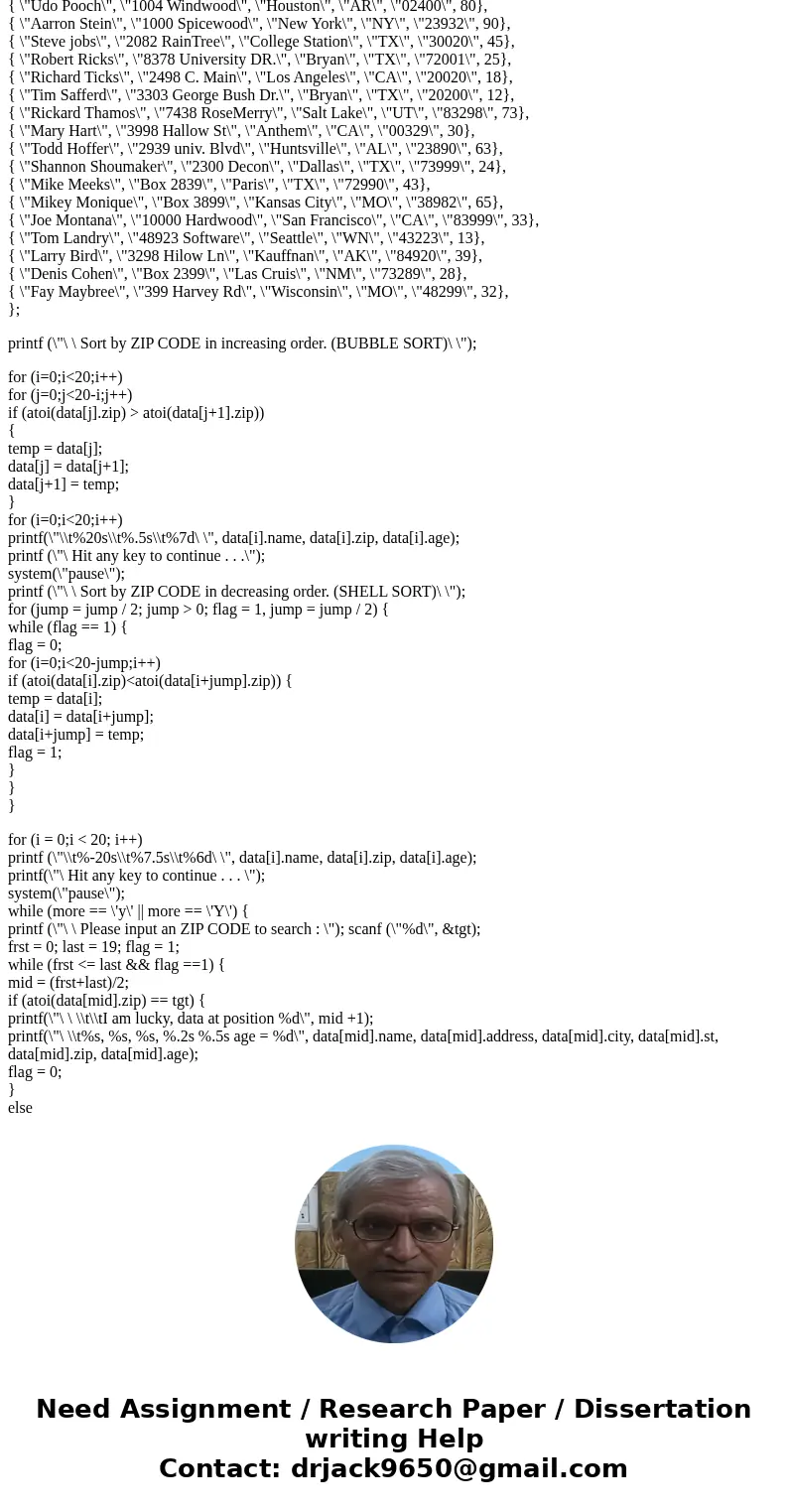 Change this code to sort AND serach them by zip code. ZIP code MUST remain \