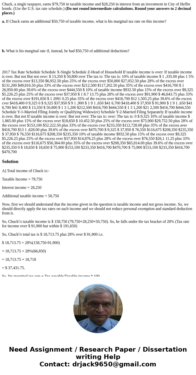 Chuck, a single taxpayer, earns $79,750 in taxable income and $28,250 in interest from an investment in City of Heflin bonds. (Use the U.S. tax rate schedule.) 
