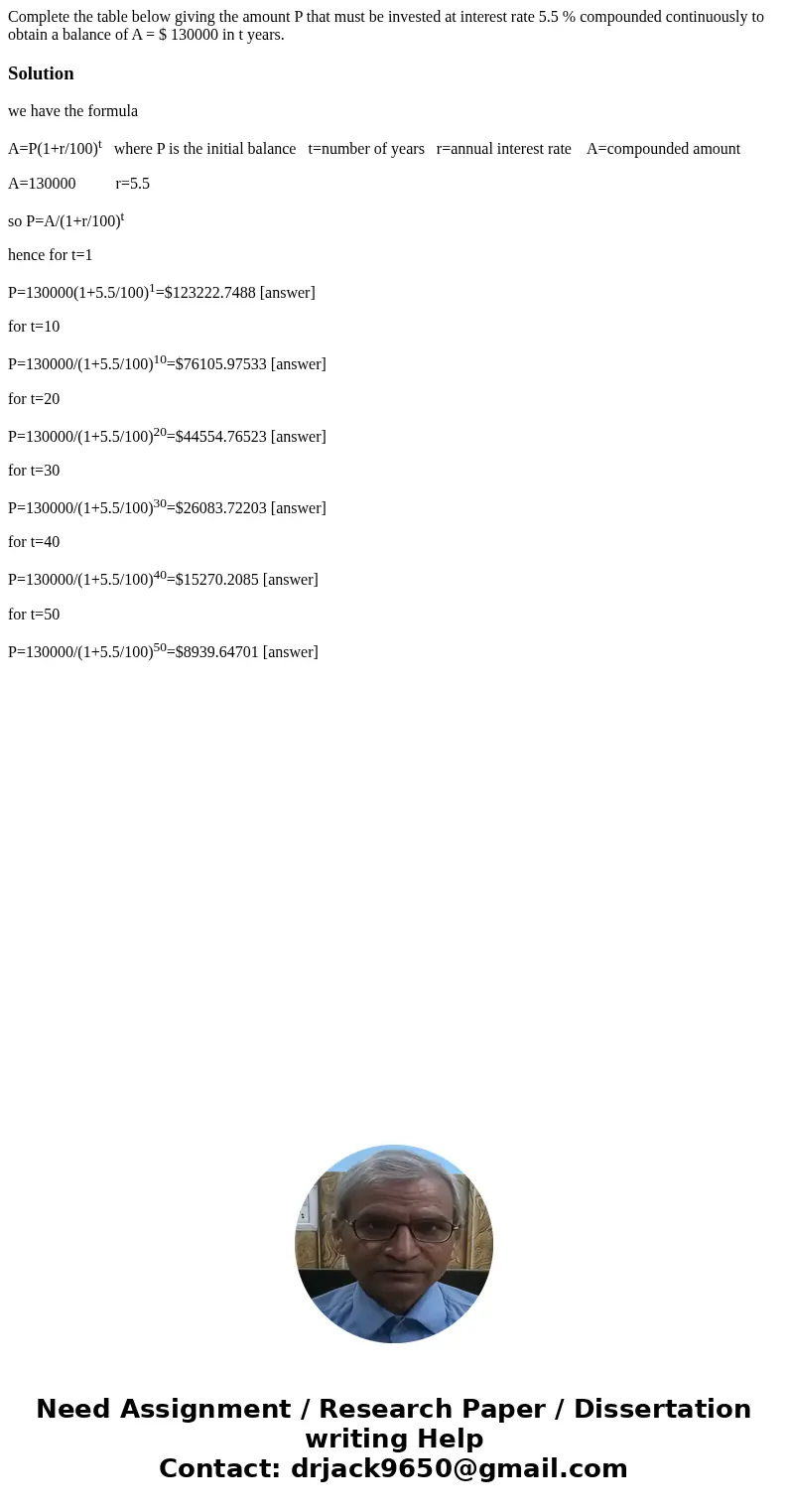 Complete the table below giving the amount P that must be invested at interest rate 5.5 % compounded continuously to obtain a balance of A = $ 130000 in t year  Complete the table below giving the amount P that must be invested at interest rate 5.5 % compounded continuously to obtain a balance of A = $ 130000 in t year
