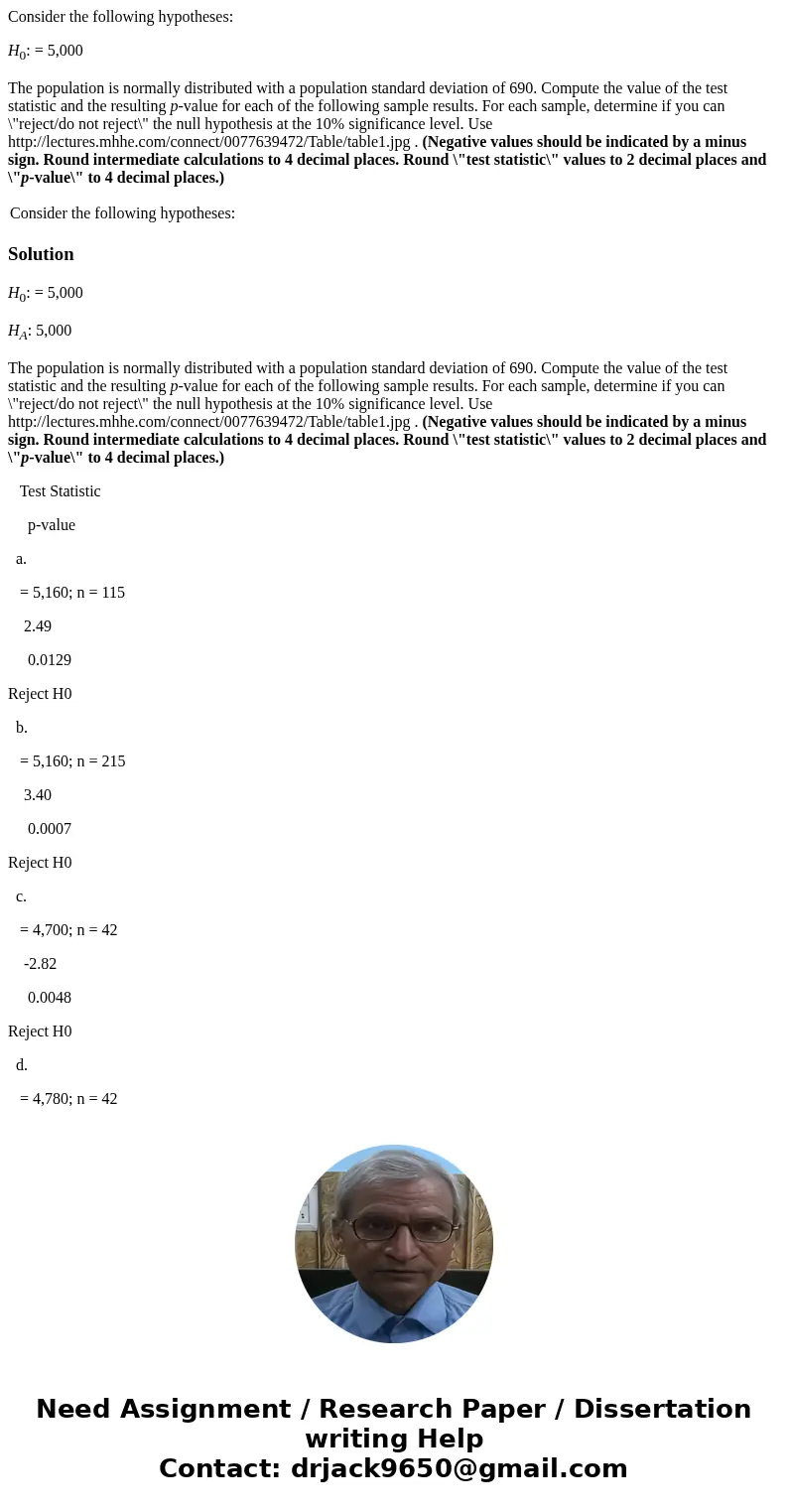 Consider the following hypotheses: H0: = 5,000 The population is normally distributed with a population standard deviation of 690. Compute the value of the test