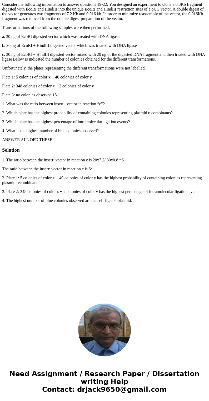 Consider the following information to answer questions 19-22: You designed an experiment to clone a 0.8Kb fragment digested with EcoRI and HindIII into the uniq Consider the following information to answer questions 19-22: You designed an experiment to clone a 0.8Kb fragment digested with EcoRI and HindIII into the uniq