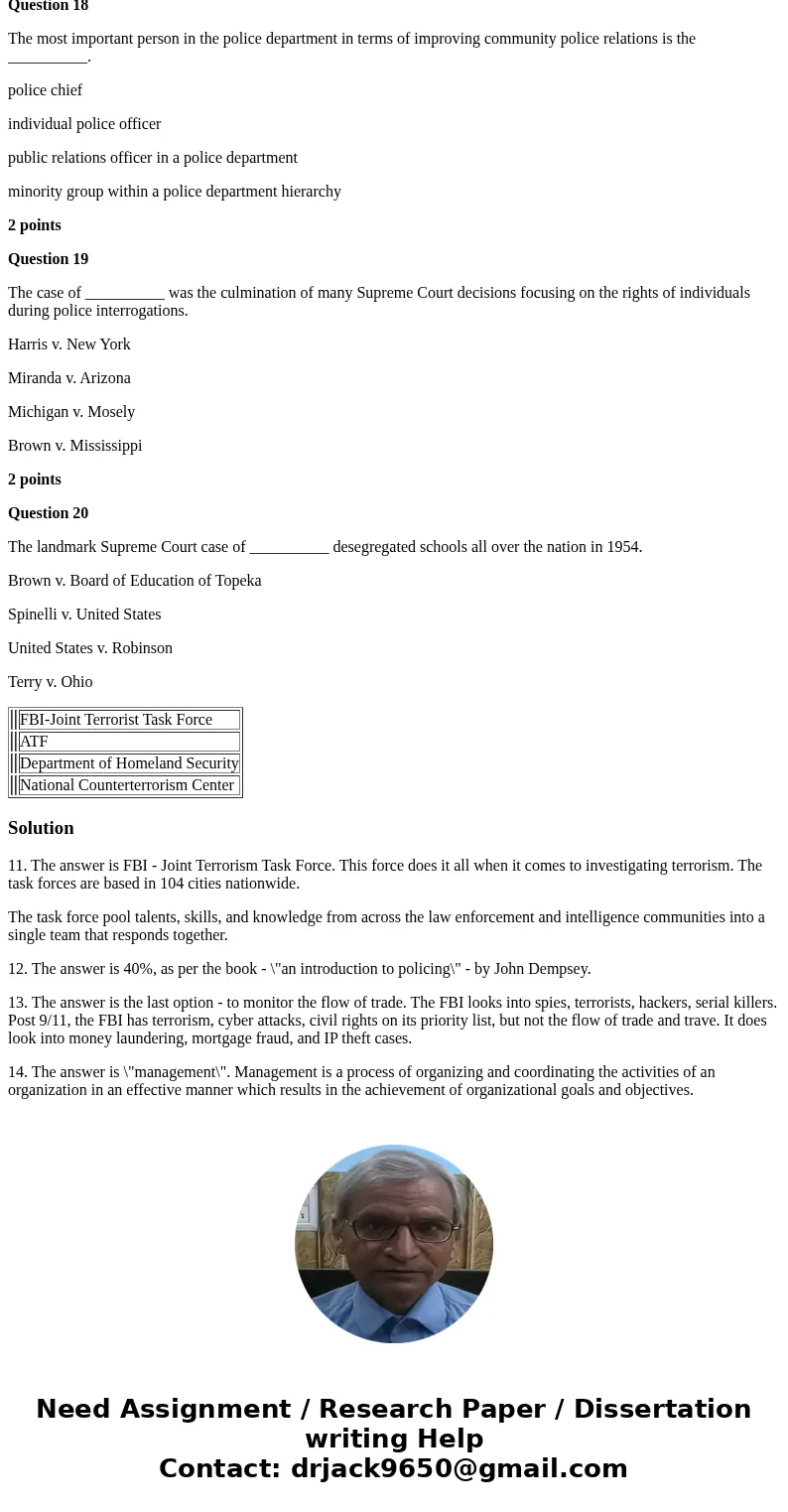 Criminal Justice Subject Question 11 The __________ is considered one of the most important units in investigating terrorism in the U.S. FBI-Joint Terrorist Tas Criminal Justice Subject Question 11 The __________ is considered one of the most important units in investigating terrorism in the U.S. FBI-Joint Terrorist Tas