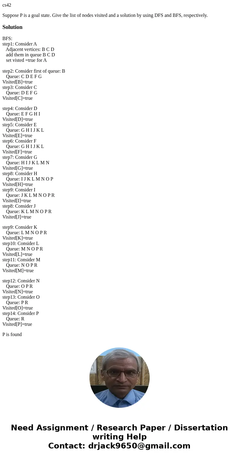 cs42 Suppose P is a goal state. Give the list of nodes visited and a solution by using DFS and BFS, respectively.SolutionBFS: step1: Consider A Adjacent vertice cs42 Suppose P is a goal state. Give the list of nodes visited and a solution by using DFS and BFS, respectively.SolutionBFS: step1: Consider A Adjacent vertice
