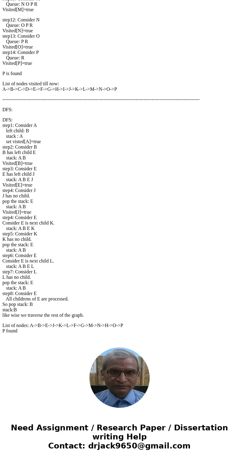 cs42 Suppose P is a goal state. Give the list of nodes visited and a solution by using DFS and BFS, respectively.SolutionBFS: step1: Consider A Adjacent vertice cs42 Suppose P is a goal state. Give the list of nodes visited and a solution by using DFS and BFS, respectively.SolutionBFS: step1: Consider A Adjacent vertice