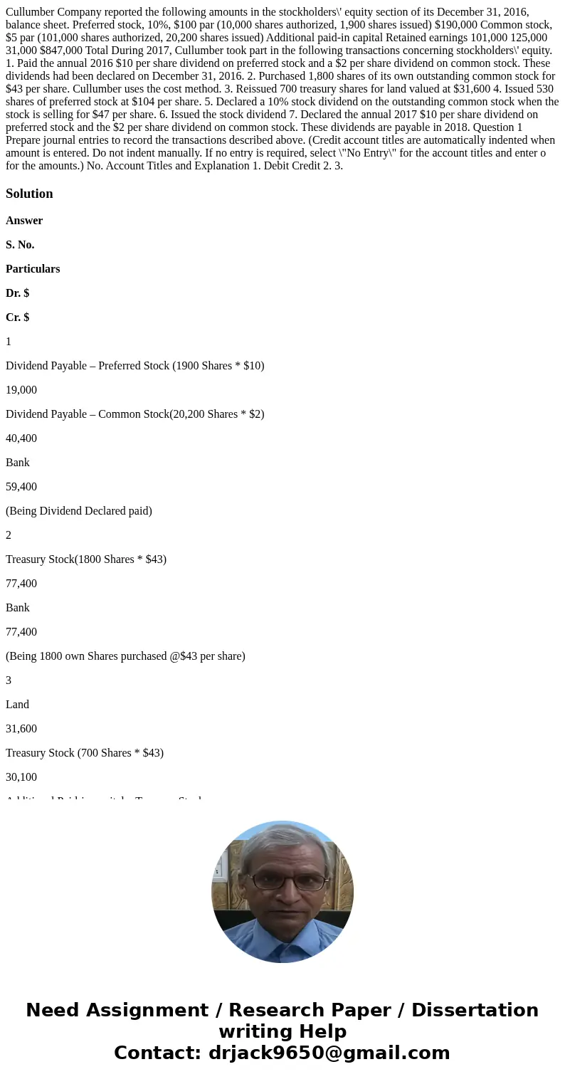 Cullumber Company reported the following amounts in the stockholders\' equity section of its December 31, 2016, balance sheet. Preferred stock, 10%, $100 par (  Cullumber Company reported the following amounts in the stockholders\' equity section of its December 31, 2016, balance sheet. Preferred stock, 10%, $100 par (