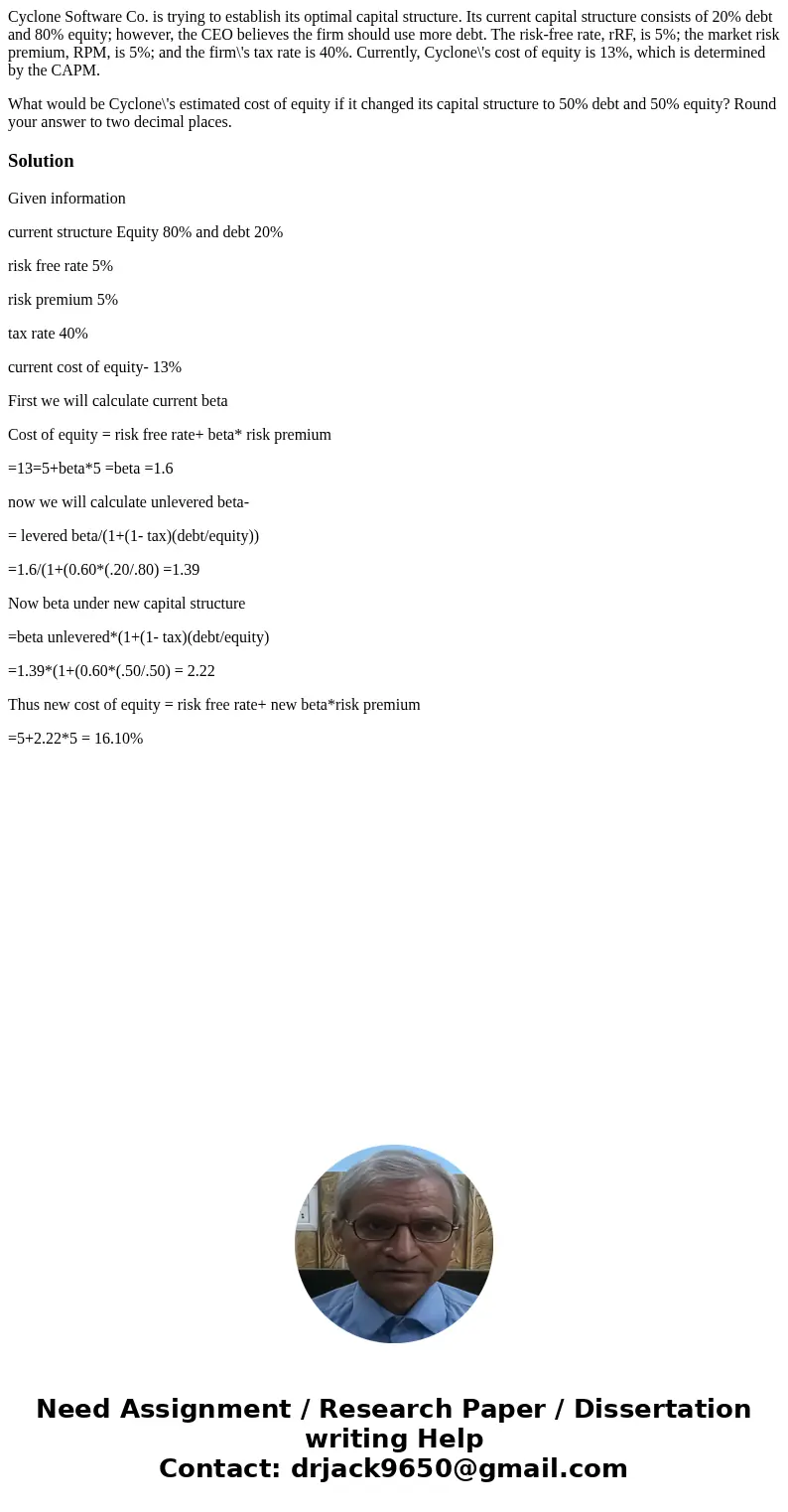 Cyclone Software Co. is trying to establish its optimal capital structure. Its current capital structure consists of 20% debt and 80% equity; however, the CEO b Cyclone Software Co. is trying to establish its optimal capital structure. Its current capital structure consists of 20% debt and 80% equity; however, the CEO b