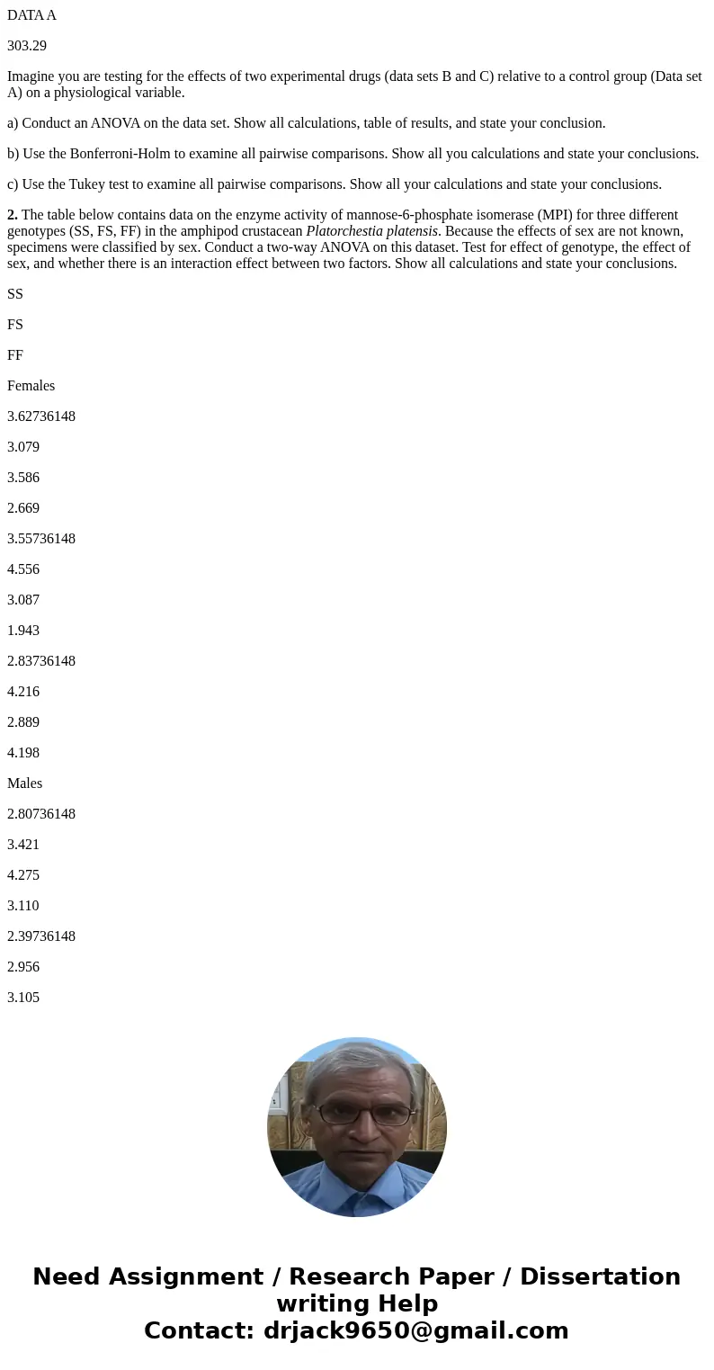 DATA A 303.29 Imagine you are testing for the effects of two experimental drugs (data sets B and C) relative to a control group (Data set A) on a physiological  DATA A 303.29 Imagine you are testing for the effects of two experimental drugs (data sets B and C) relative to a control group (Data set A) on a physiological