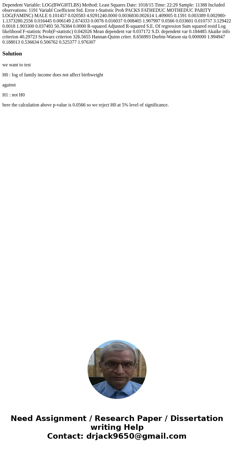  Dependent Variable: LOG(BWGHTLBS) Method: Least Squares Date: 1018/15 Time: 22:29 Sample: 11388 Included observations: 1191 Variabl Coefficient Std. Error t-St