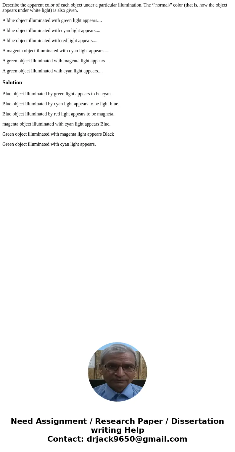 Describe the apparent color of each object under a particular illumination. The \ Describe the apparent color of each object under a particular illumination. The \